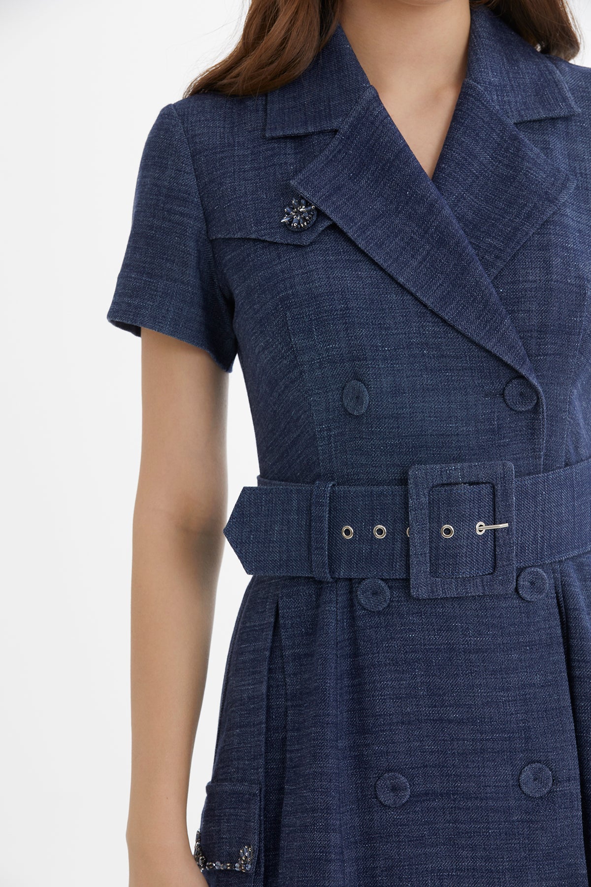 Blue Belted Embroidered Dress - Image 3