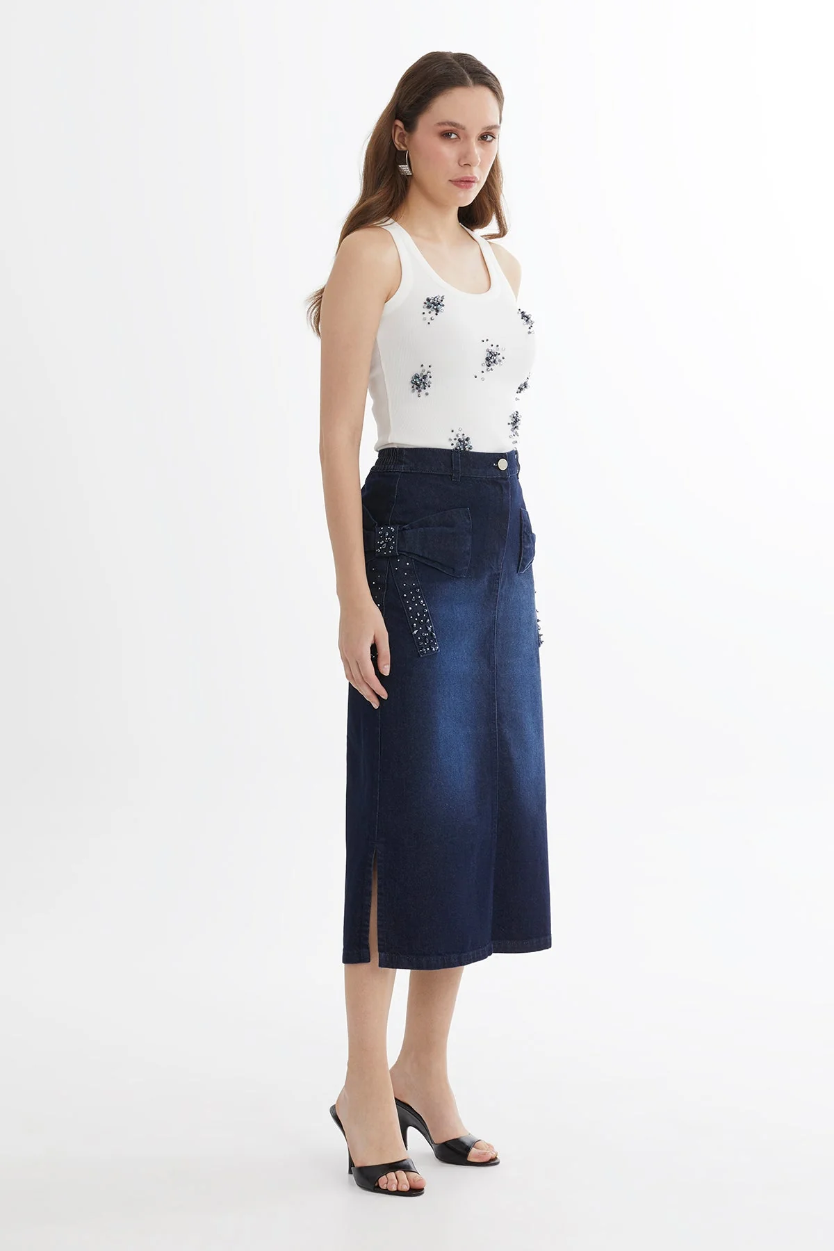 Blue Bow Detail Denim Midi Skirt - Image 3