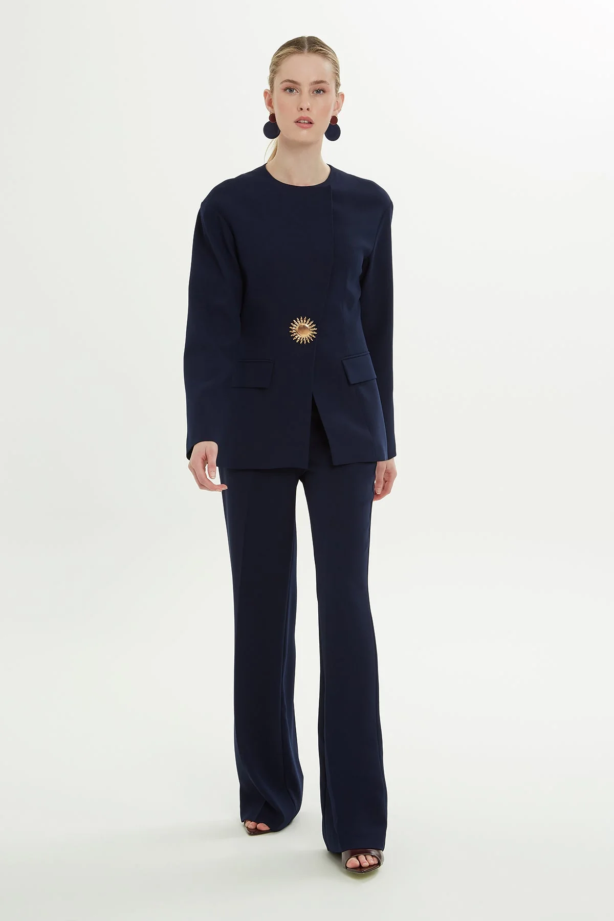 Blue Double-Breasted Brooch Jacket