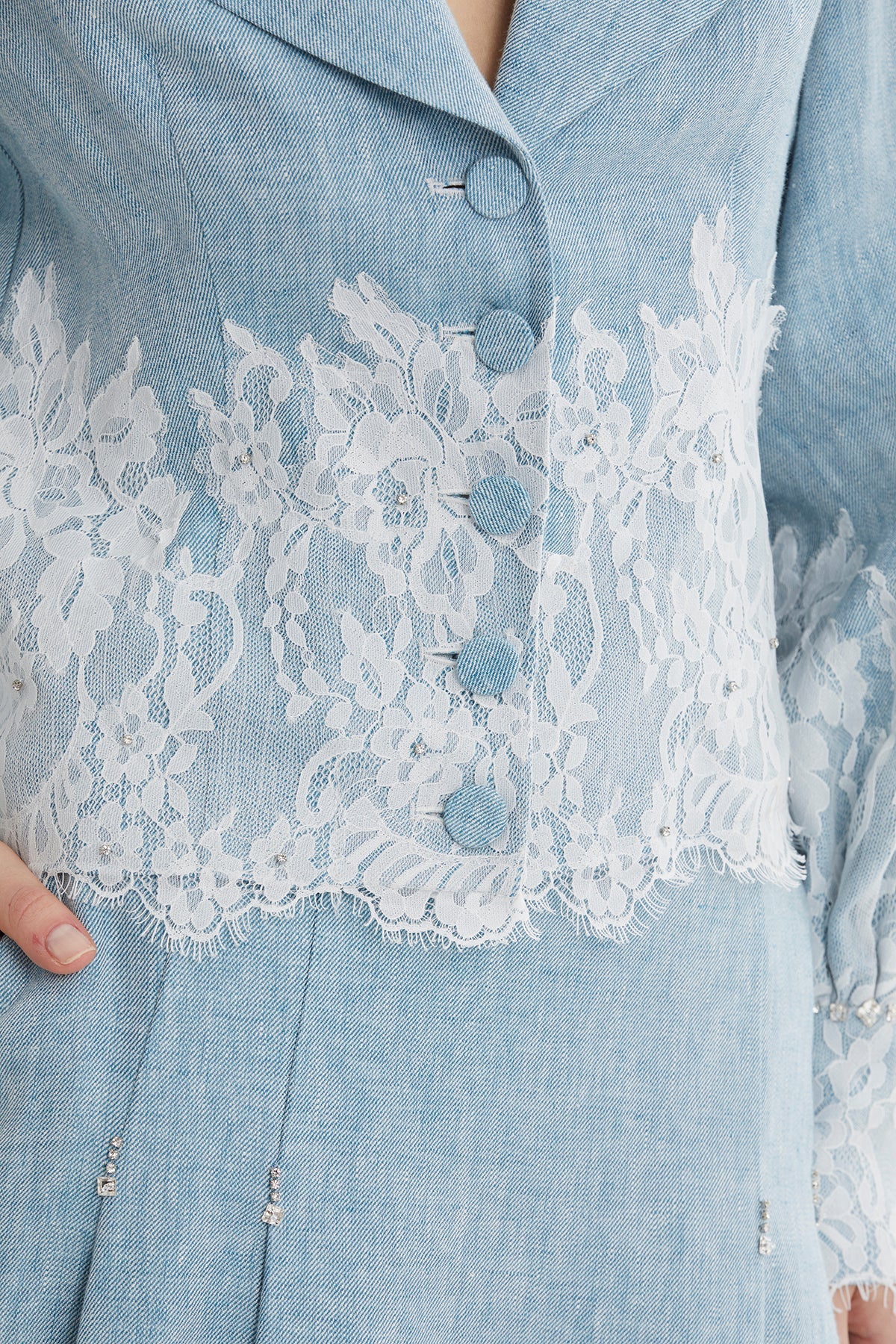 Blue Embroidered Balloon Sleeve Linen Jacket - Image 3