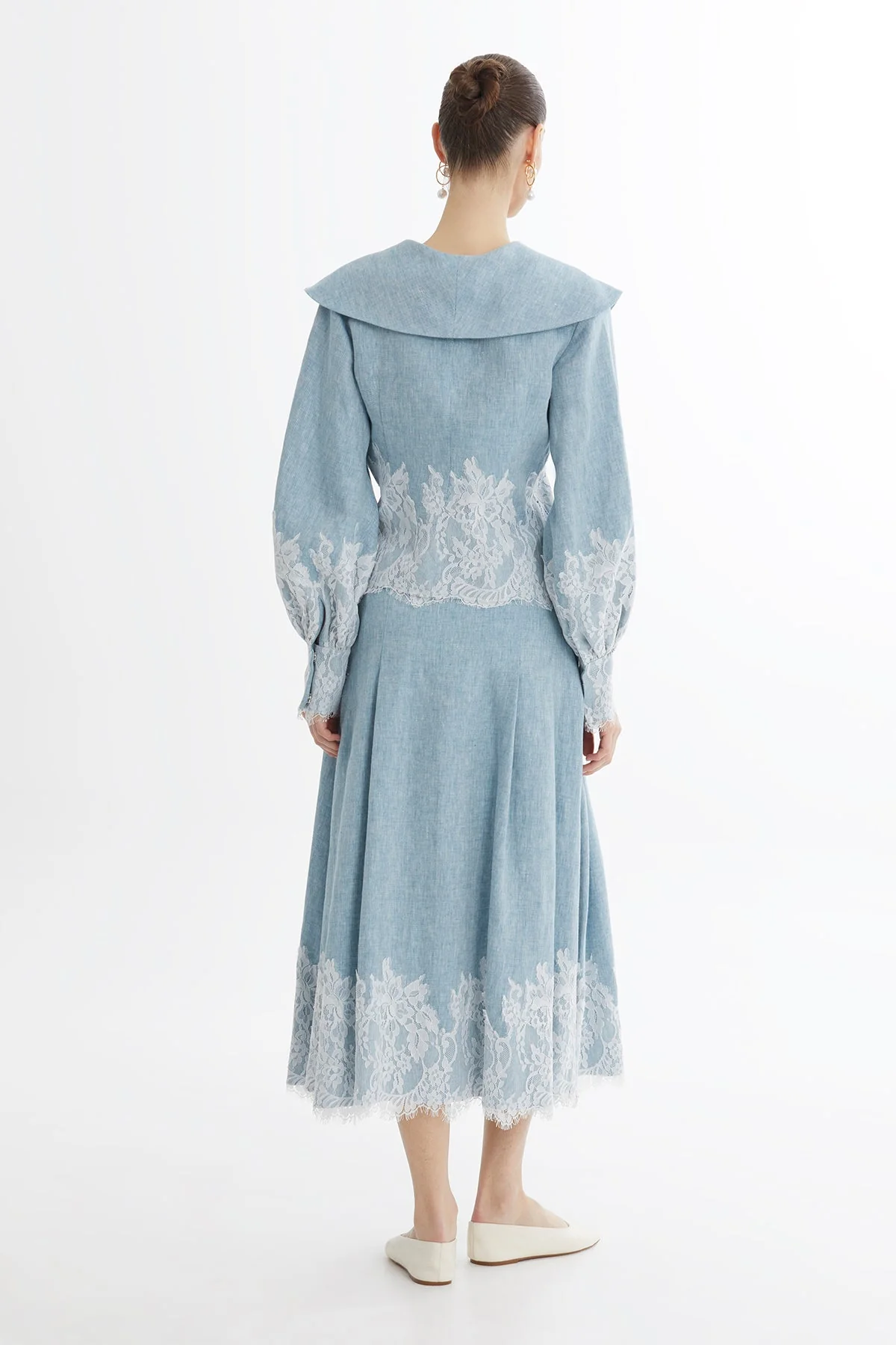 Blue Embroidered Balloon Sleeve Linen Jacket - Image 5