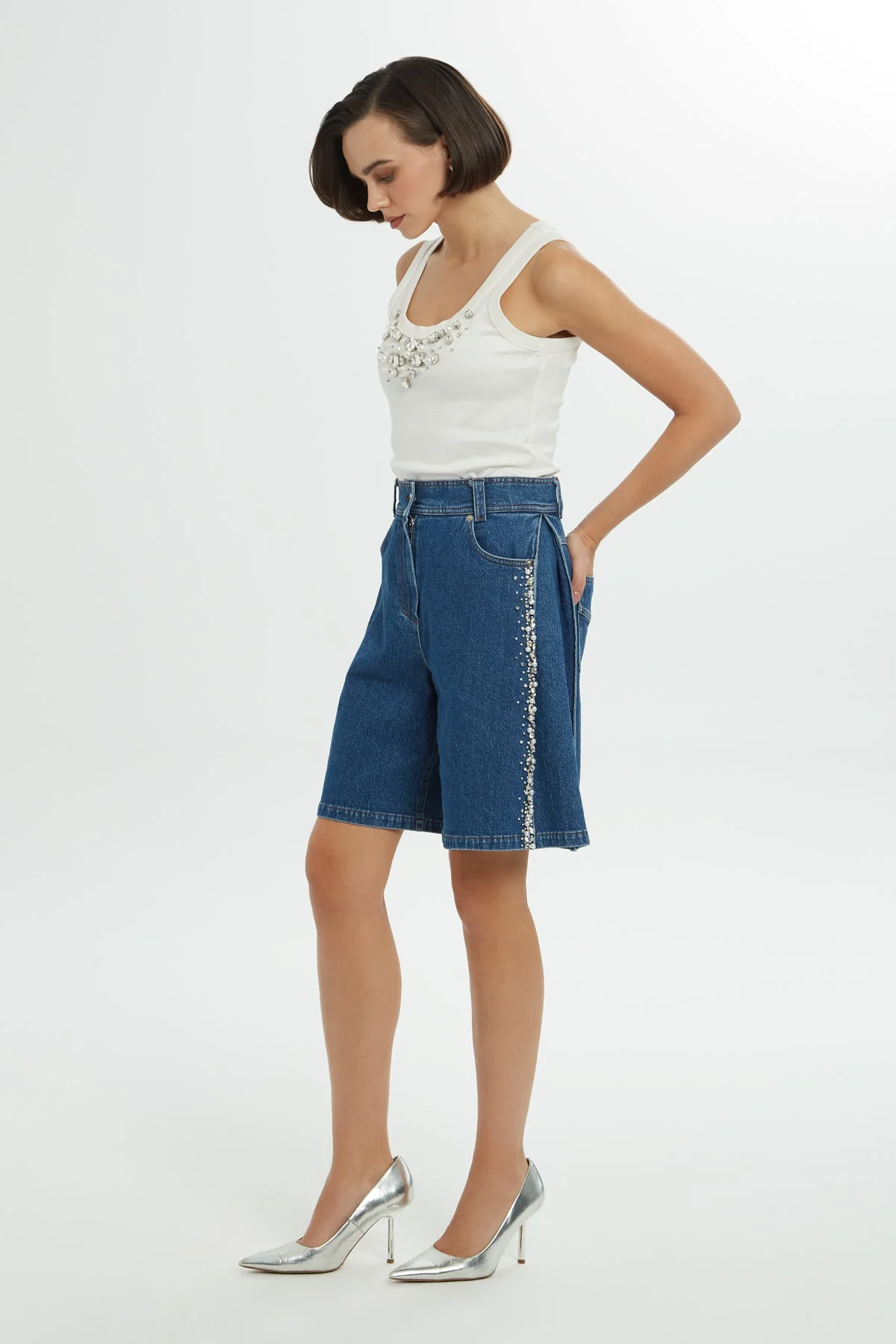 Blue Embroidered Denim Shorts - Image 3