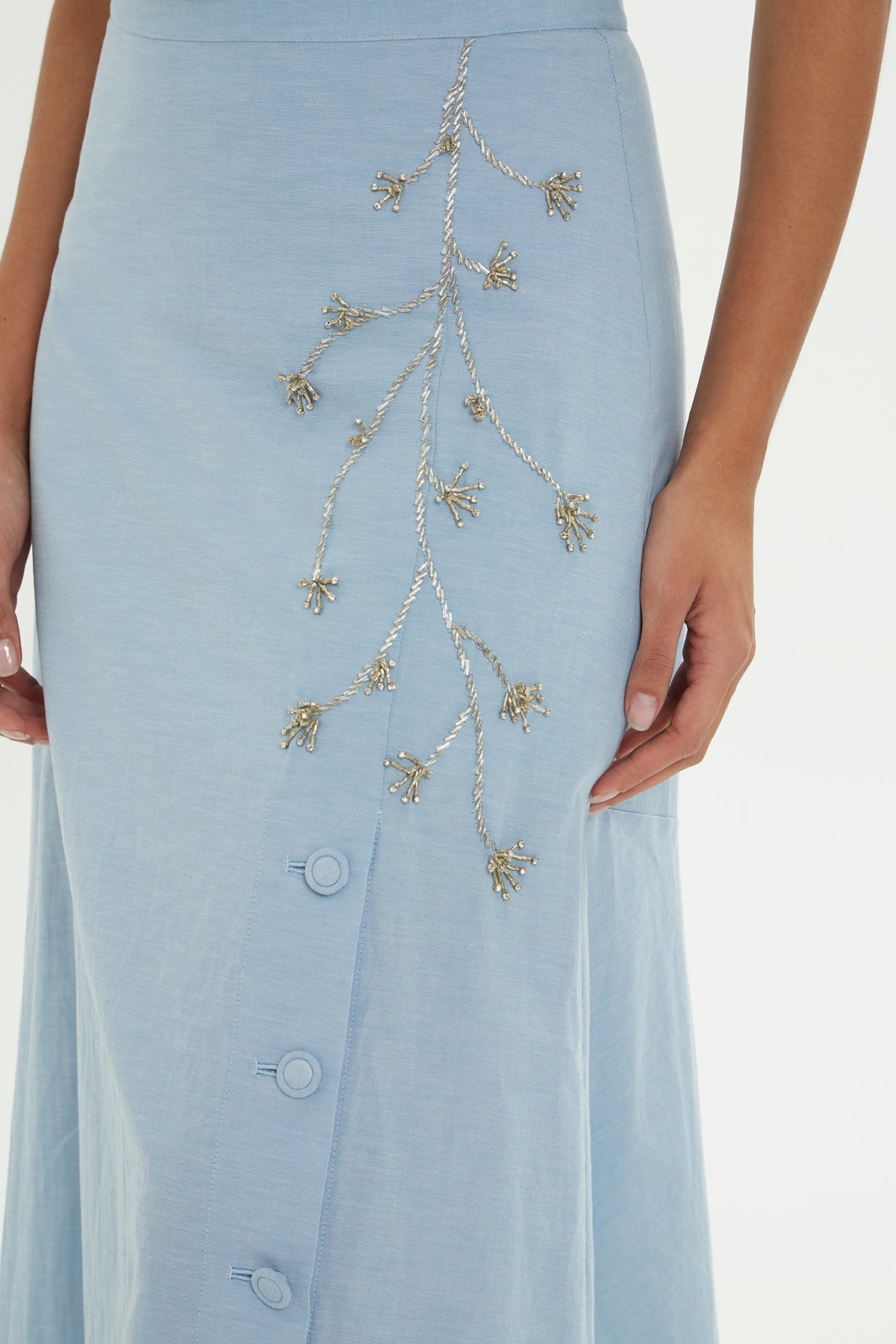 Blue Embroidered Midi Denim Skirt - Image 2