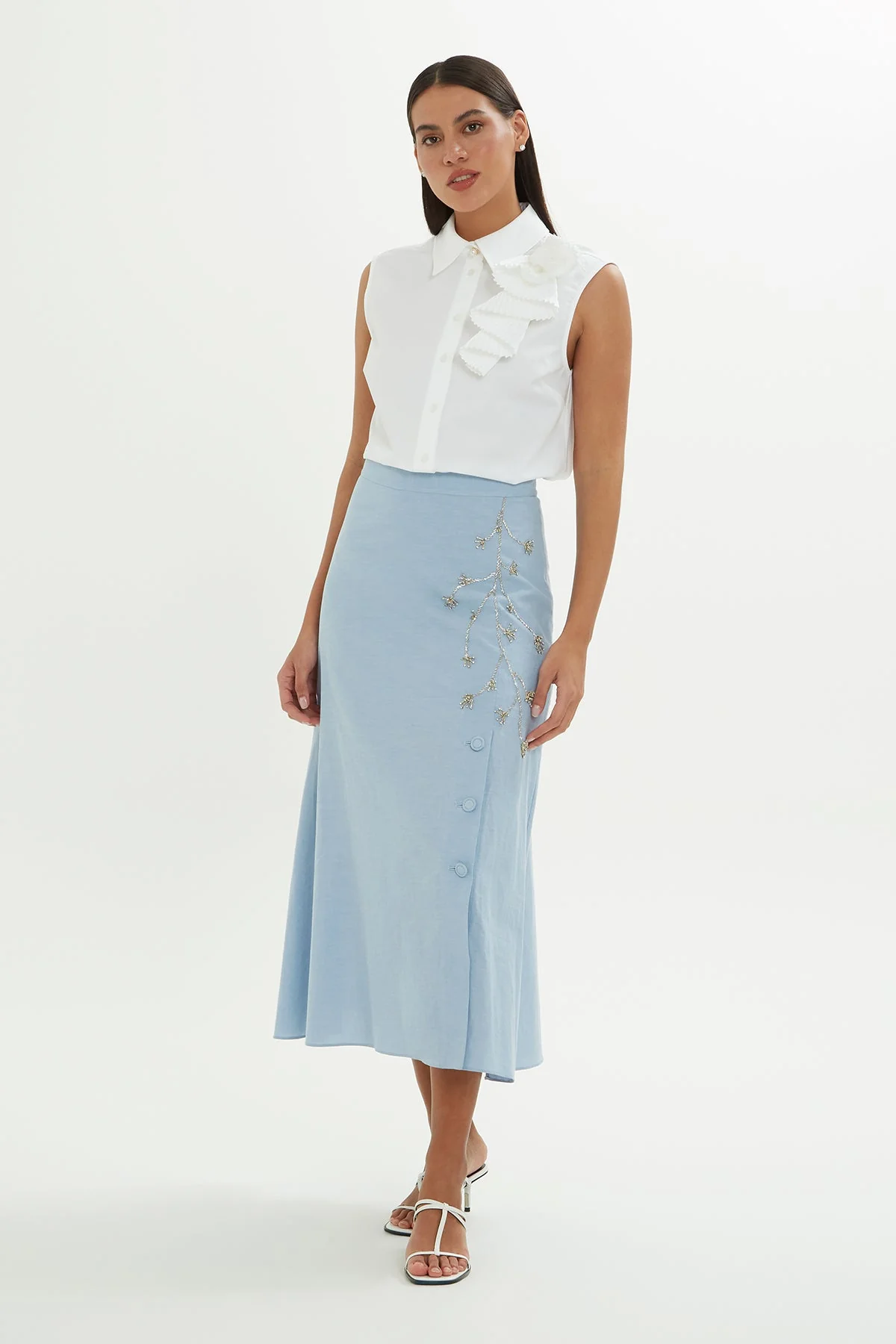 Blue Embroidered Midi Denim Skirt - Image 3