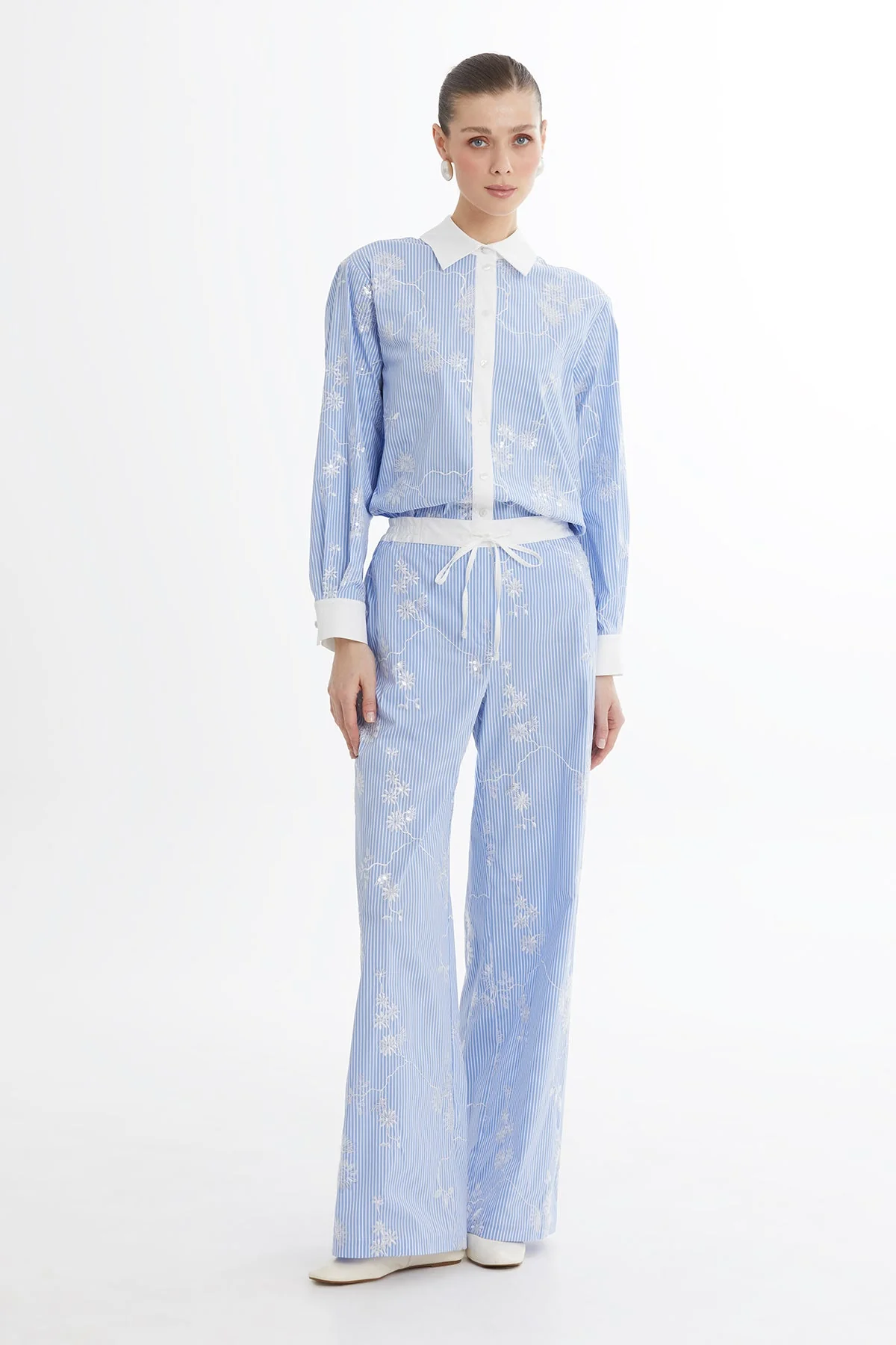 Blue Embroidered Printed Trousers