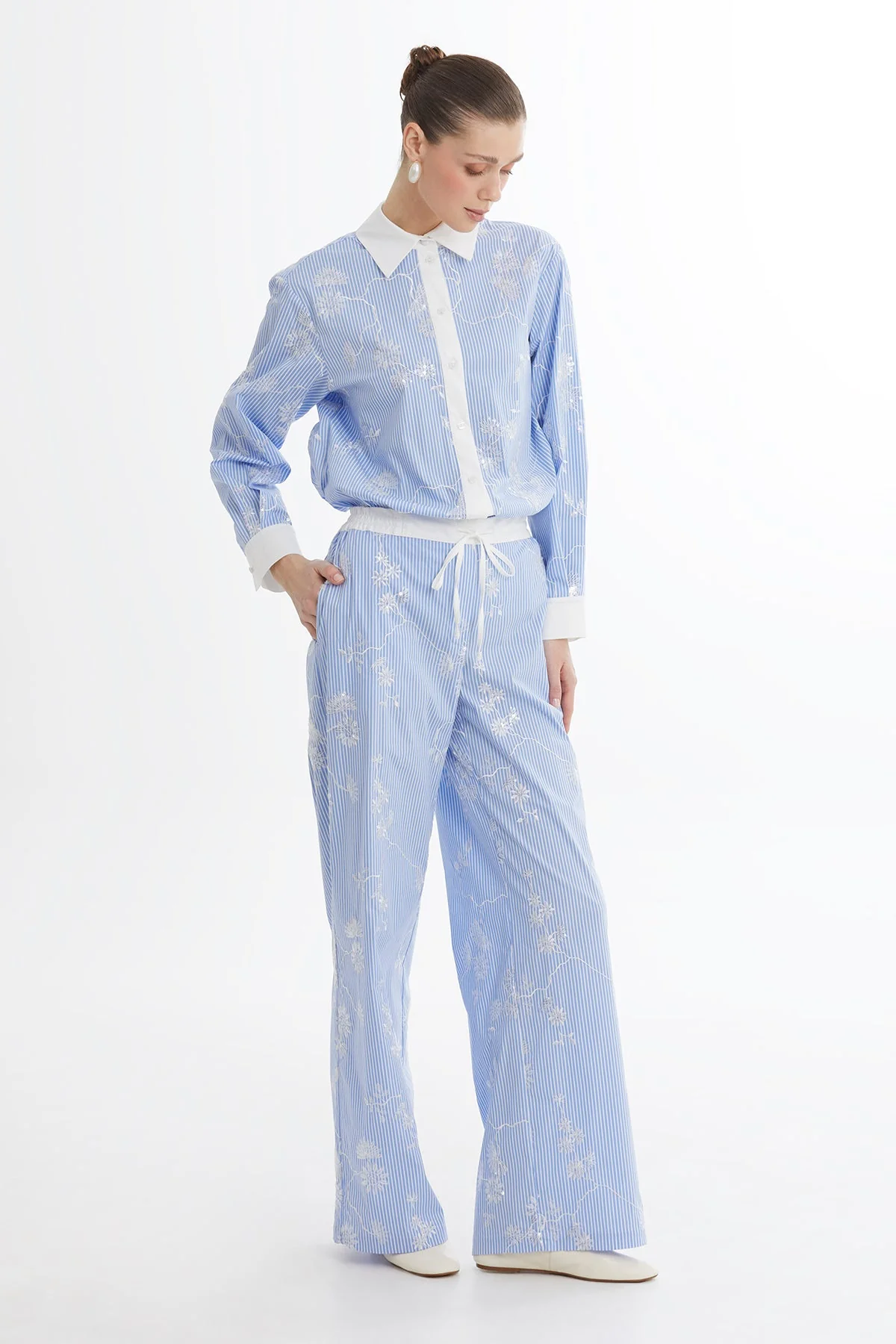 Blue Embroidered Printed Trousers - Image 3