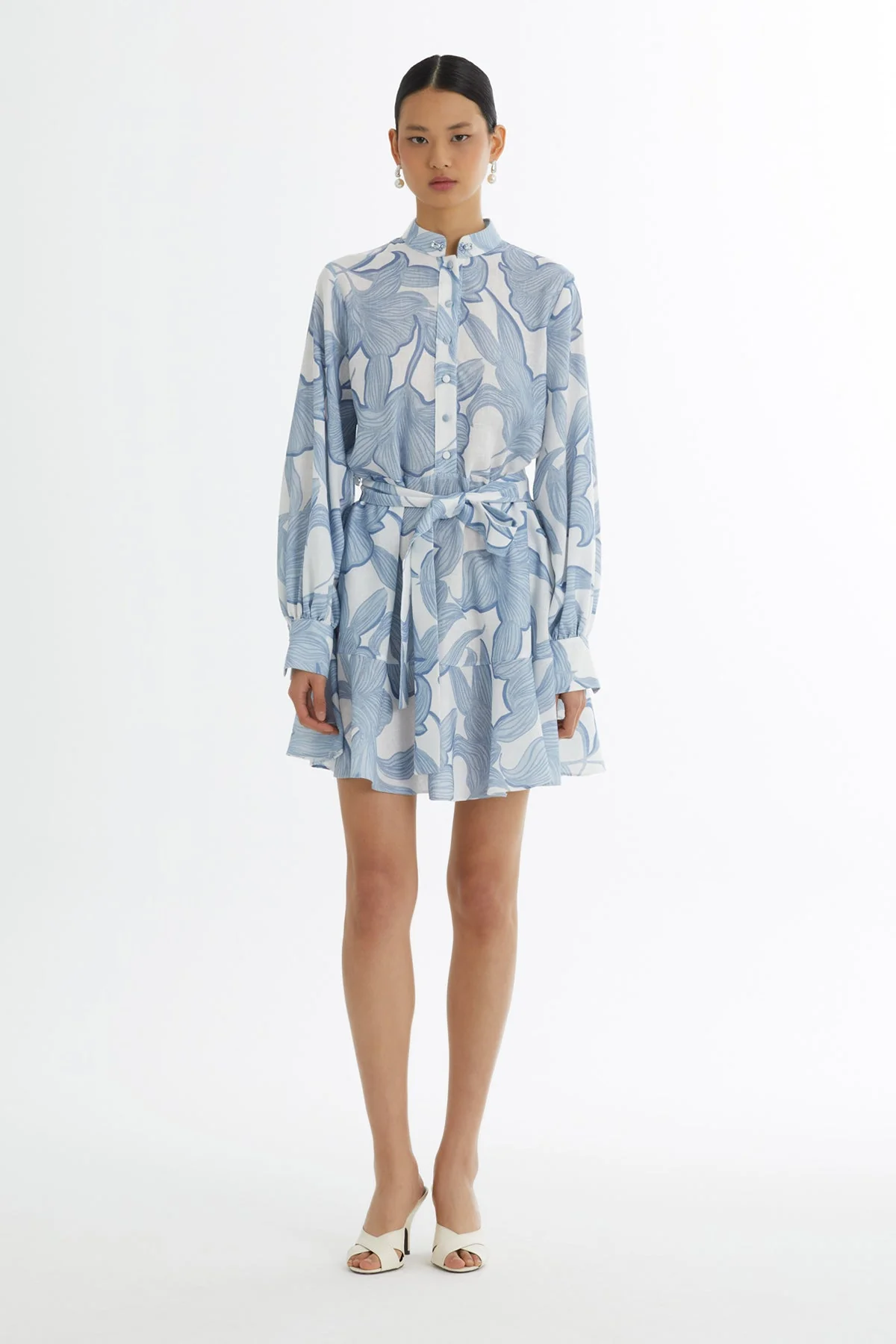 Blue Embroidered Ruffle Pattern Dress