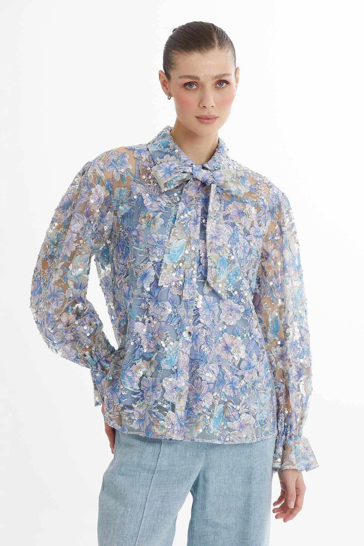 Blue Embroidered Sequin Shirt - Image 3