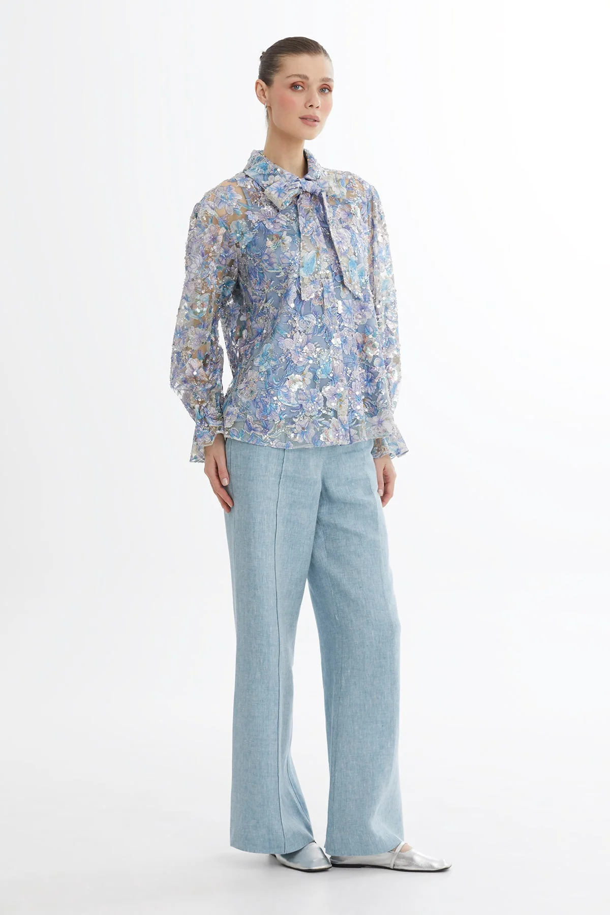 Blue Embroidered Sequin Shirt - Image 4