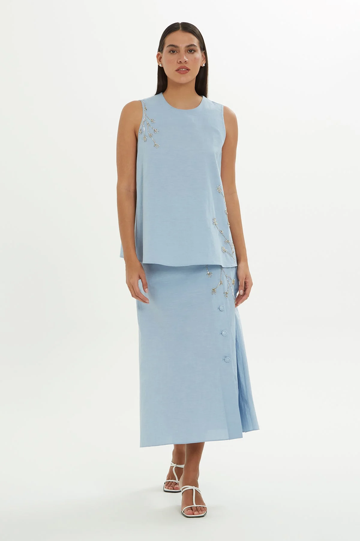 Blue Embroidered Sleeveless Blouse