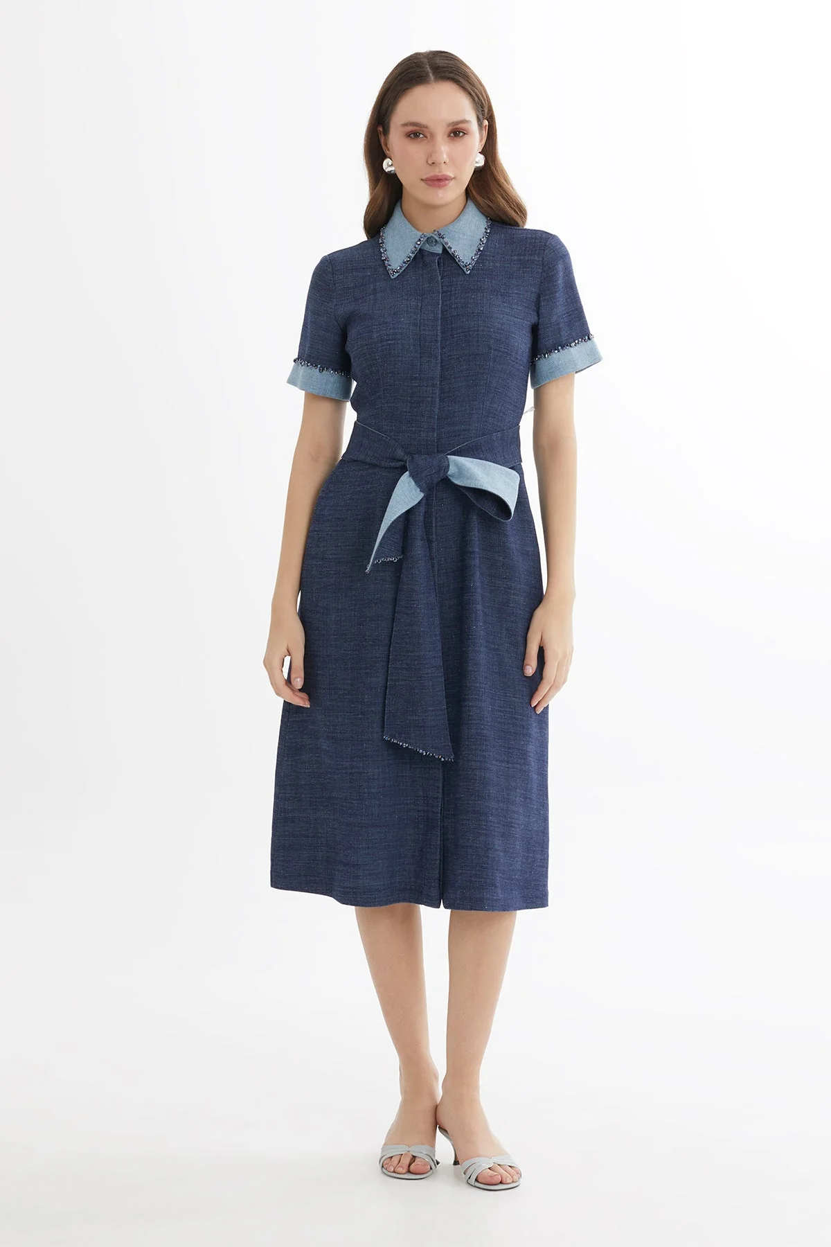 Blue Embroidered Tie-Waist Linen Midi Dress