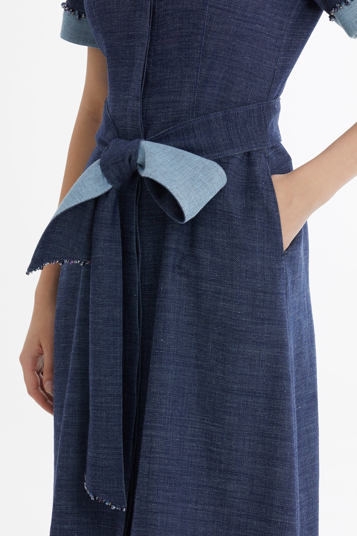 Blue Embroidered Tie-Waist Linen Midi Dress - Image 2