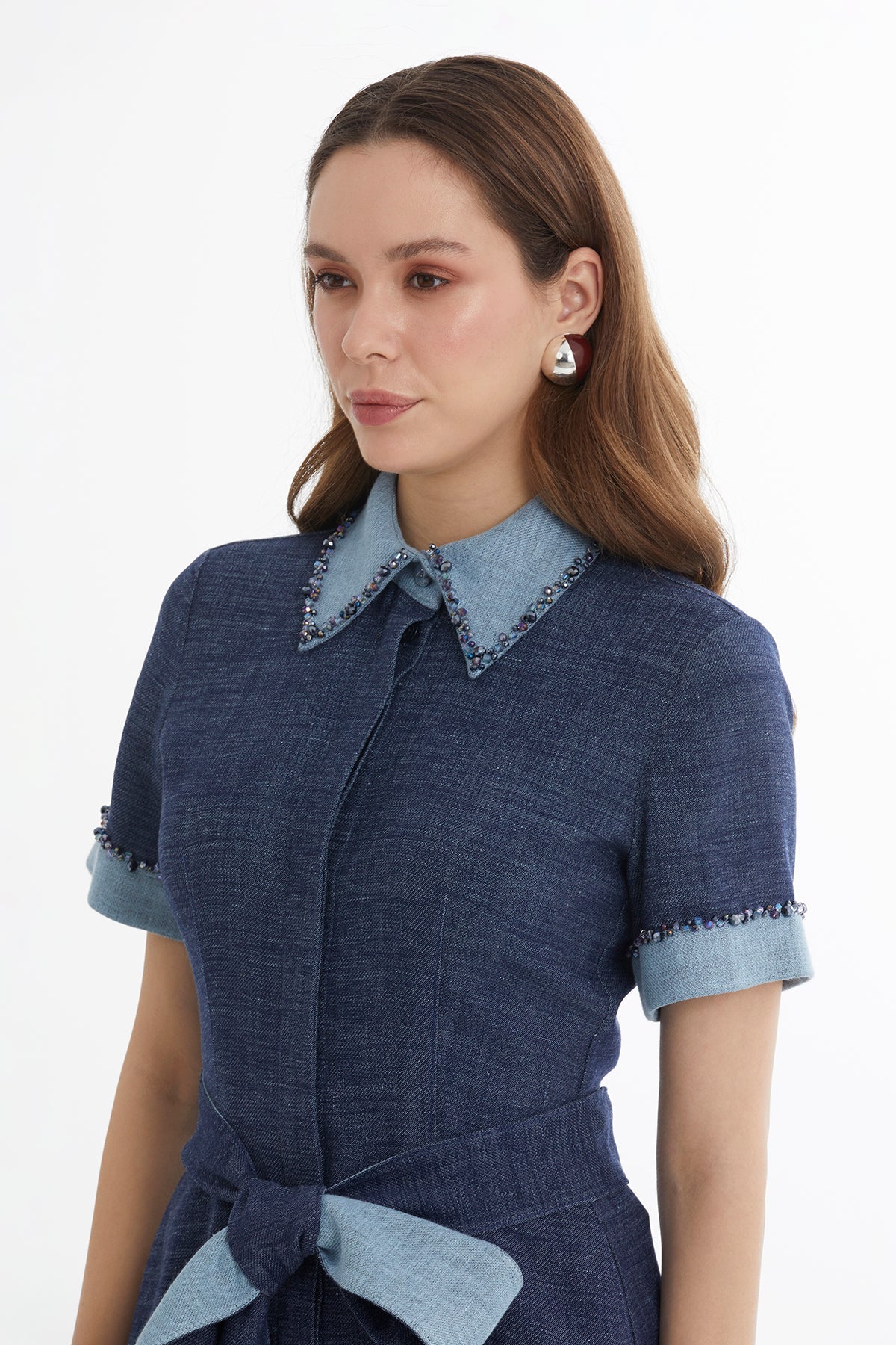 Blue Embroidered Tie-Waist Linen Midi Dress - Image 3