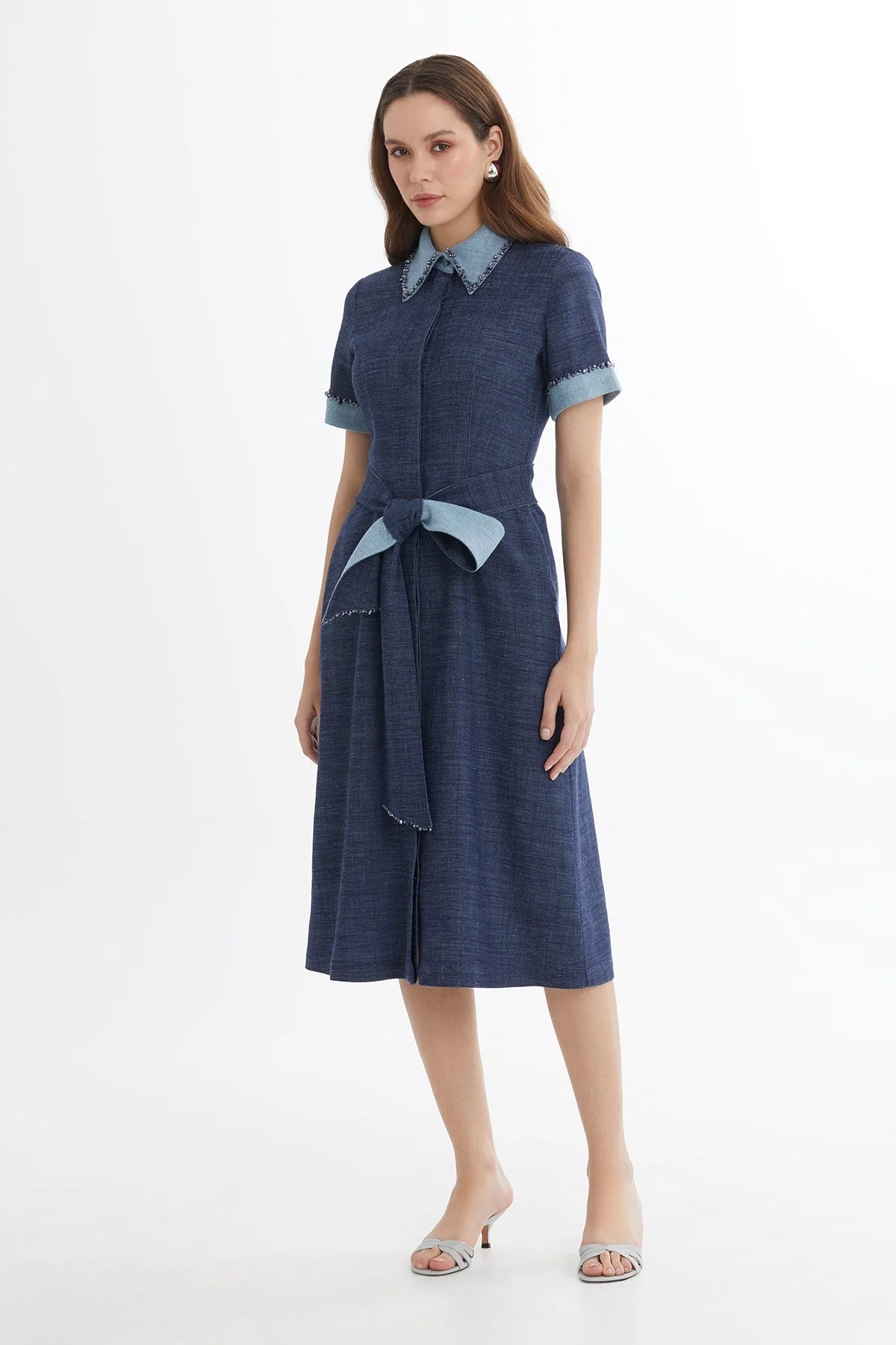 Blue Embroidered Tie-Waist Linen Midi Dress - Image 4