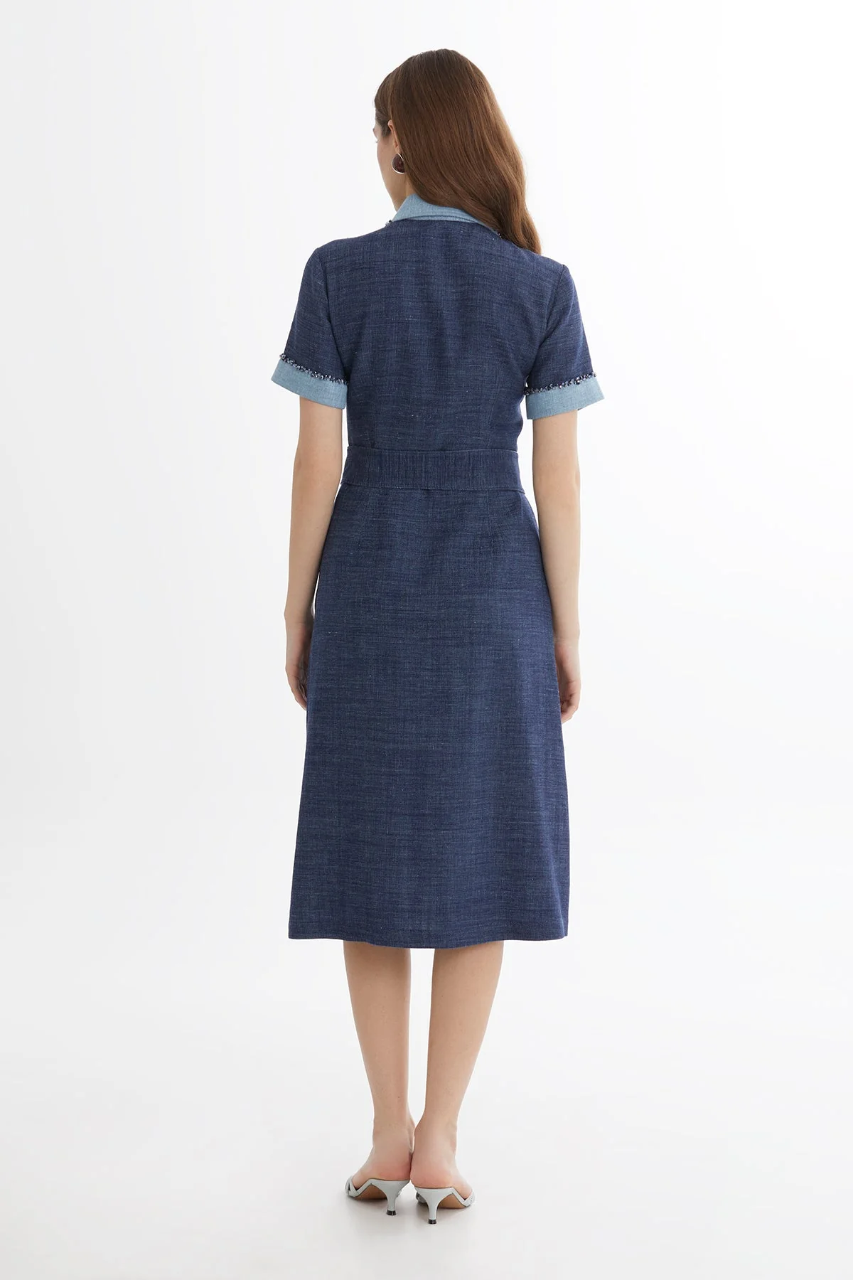 Blue Embroidered Tie-Waist Linen Midi Dress - Image 5