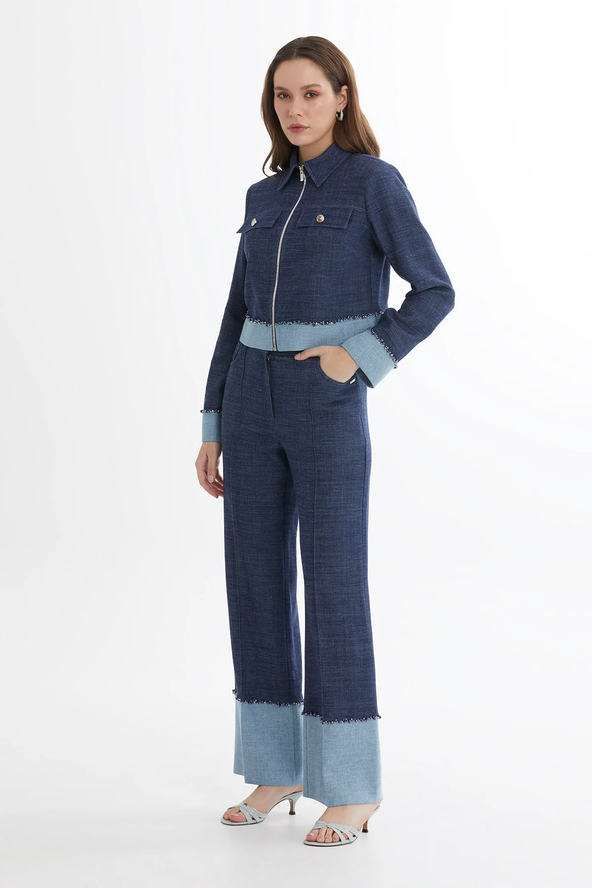 Blue Embroidered Zip Linen Jacket - Image 3