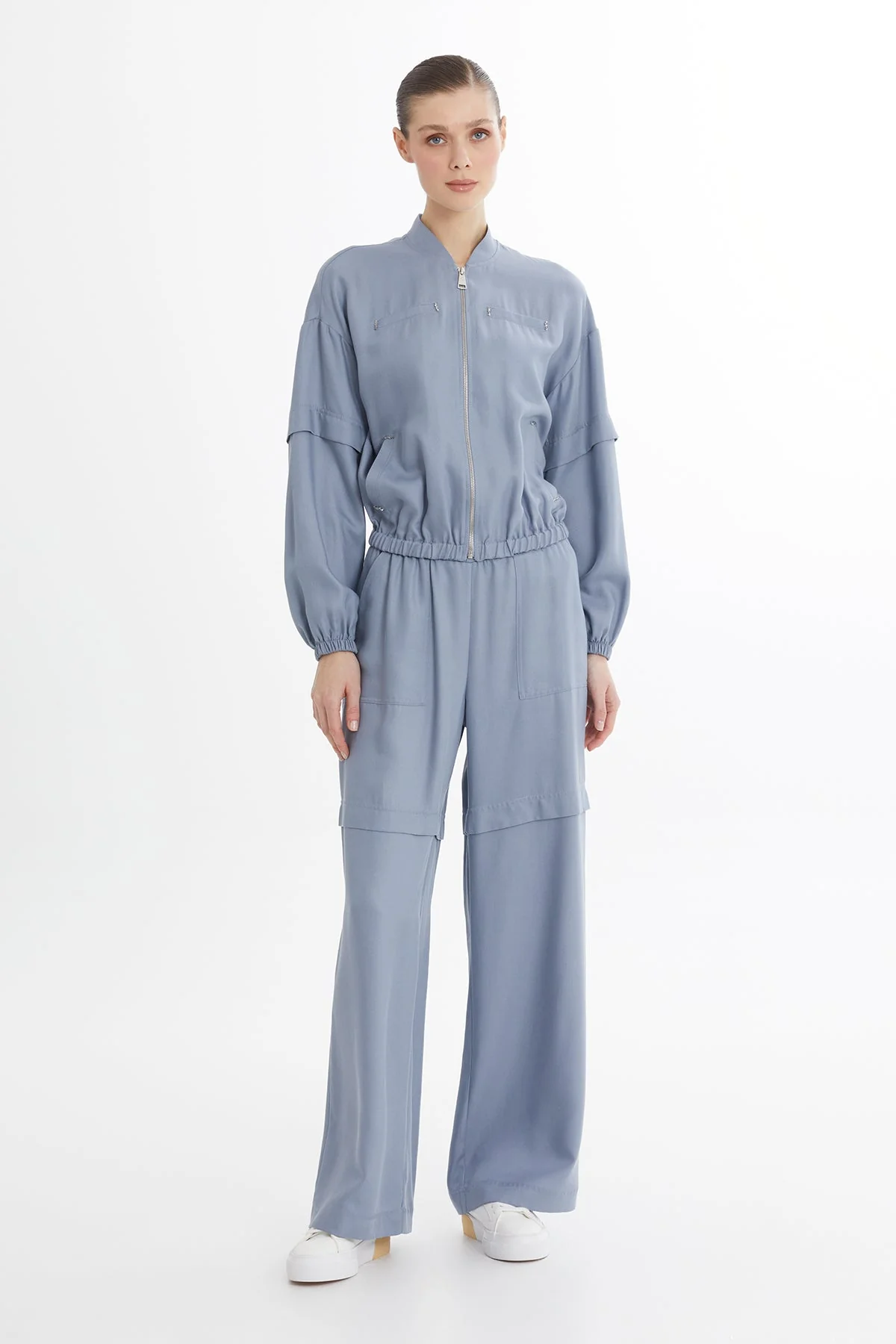 Blue Gathered Embroidered Sweat Set
