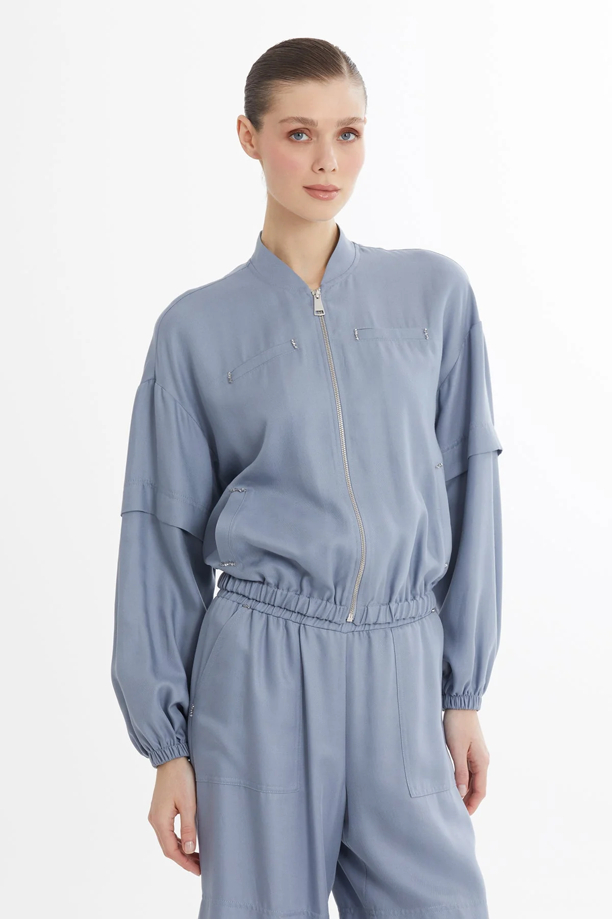 Blue Gathered Embroidered Sweat Set - Image 2