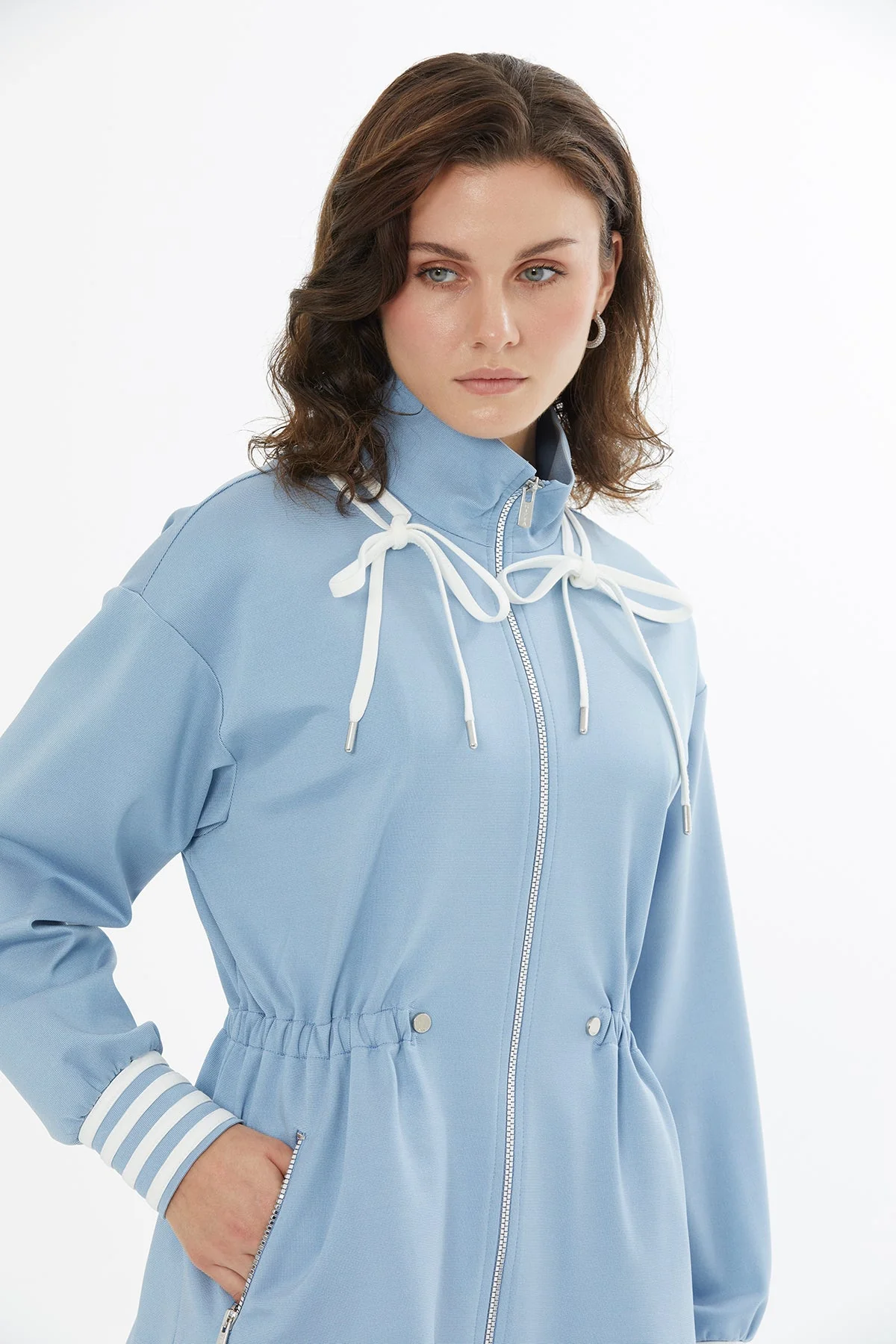 Blue Gathered Waist Zip Jacket - Image 3