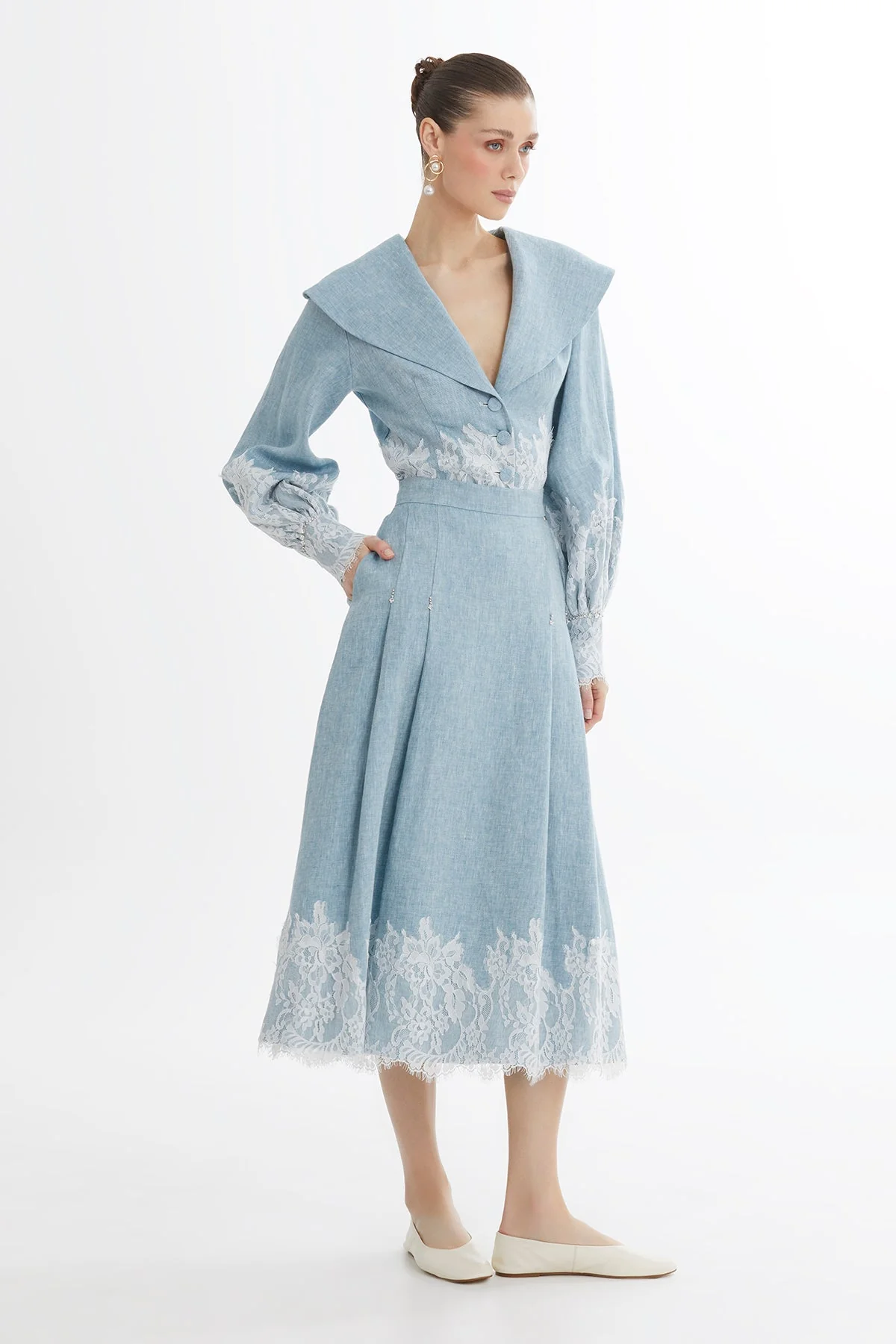 Blue Lace Trim Linen Midi Skirt - Image 3