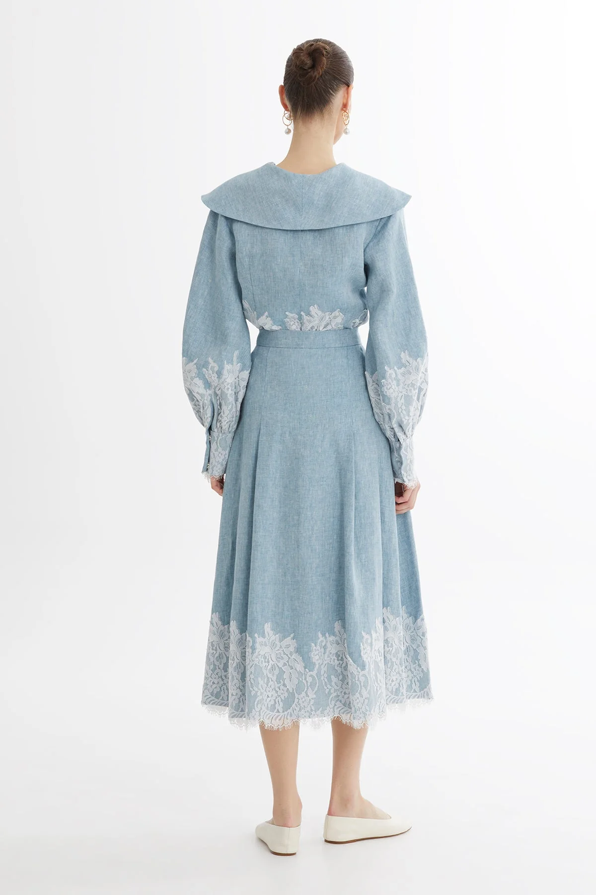Blue Lace Trim Linen Midi Skirt - Image 4