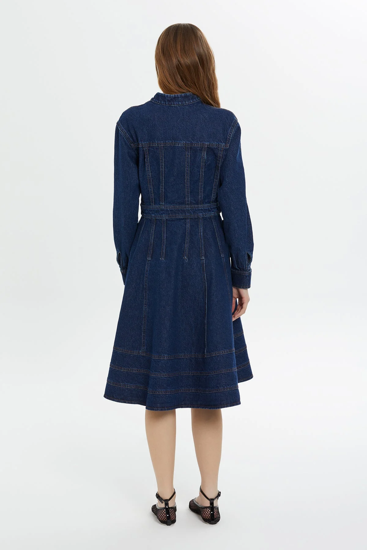 Blue Long-Sleeve Denim Midi Dress - Image 5