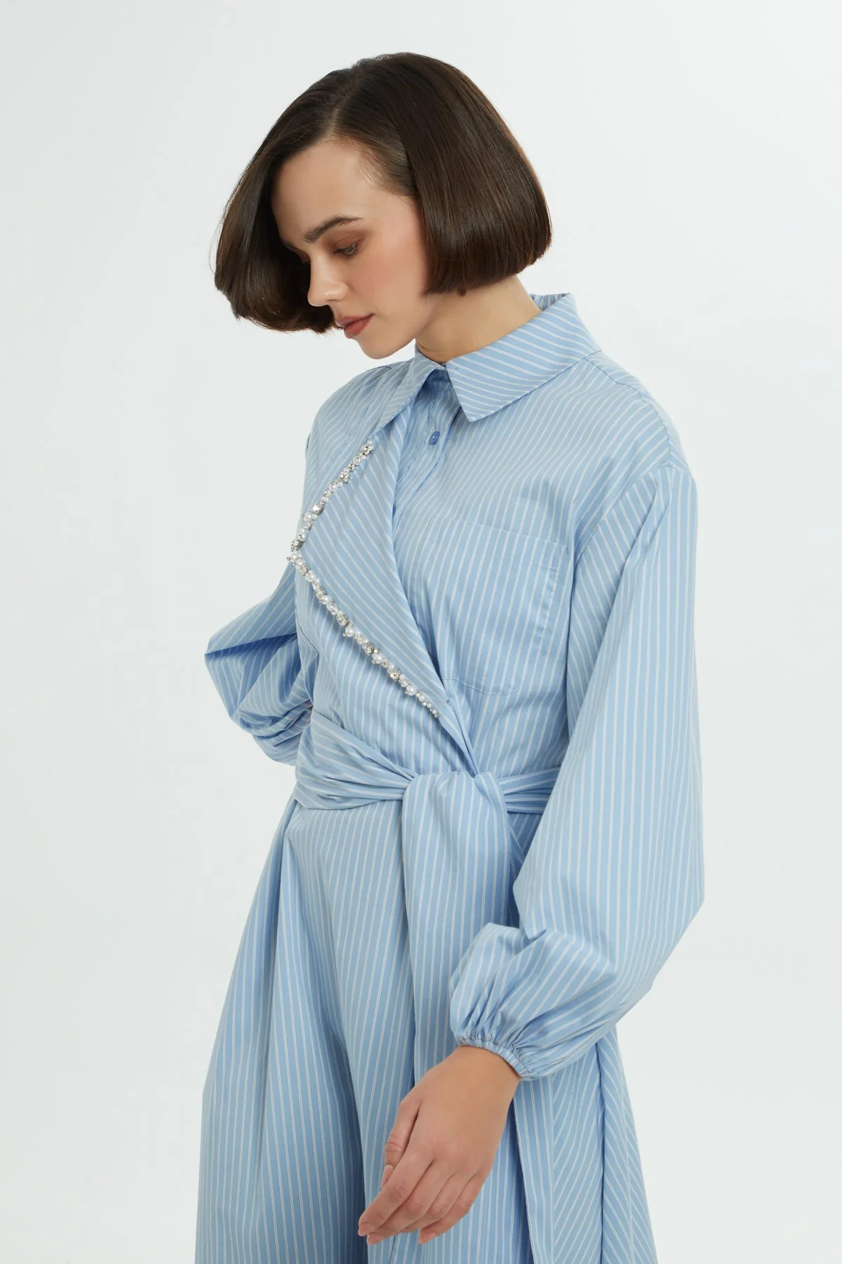 Blue Midi Dress with Shirt Collar - Image 3