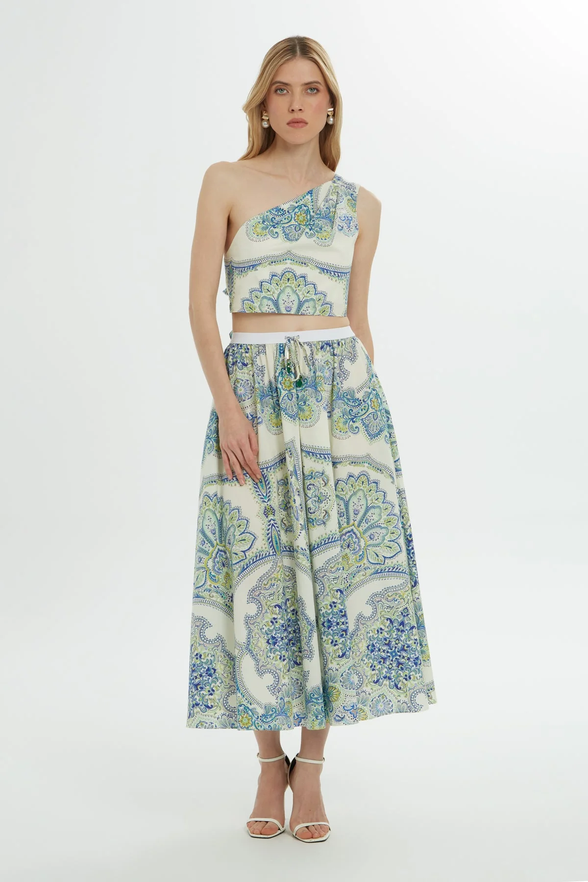 Blue Patterned Cotton Midi Skirt
