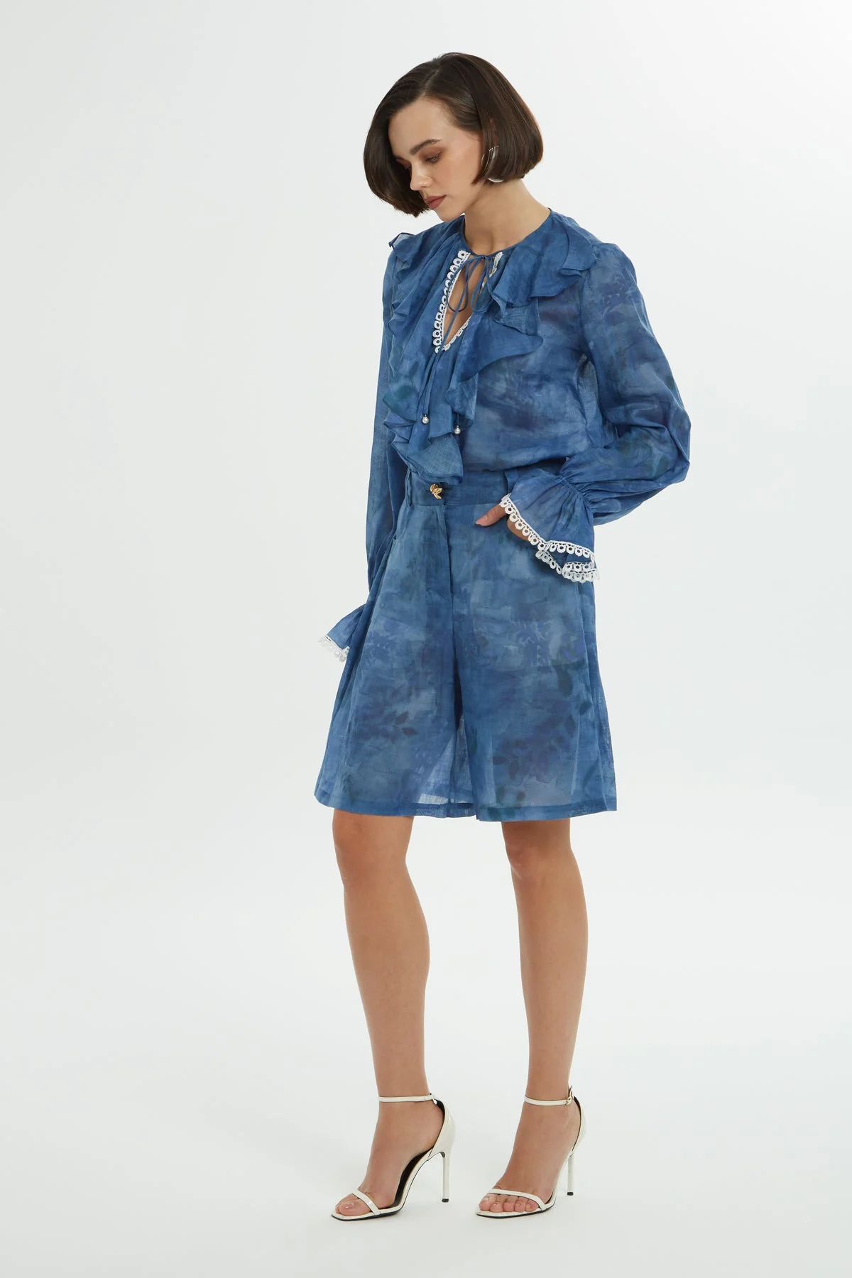 Blue Patterned Ramie Shorts - Image 3