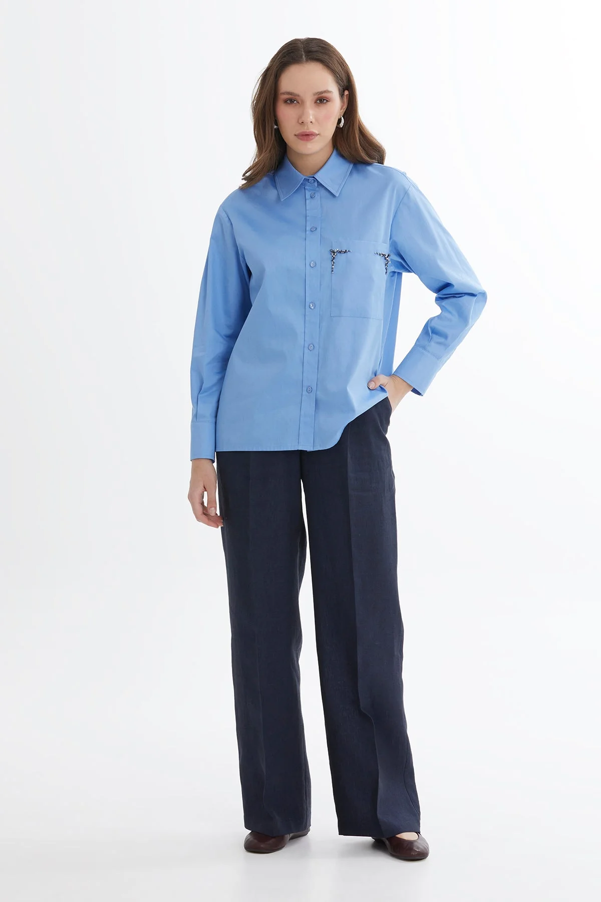 Blue Pleated Embroidered Shirt - Image 3