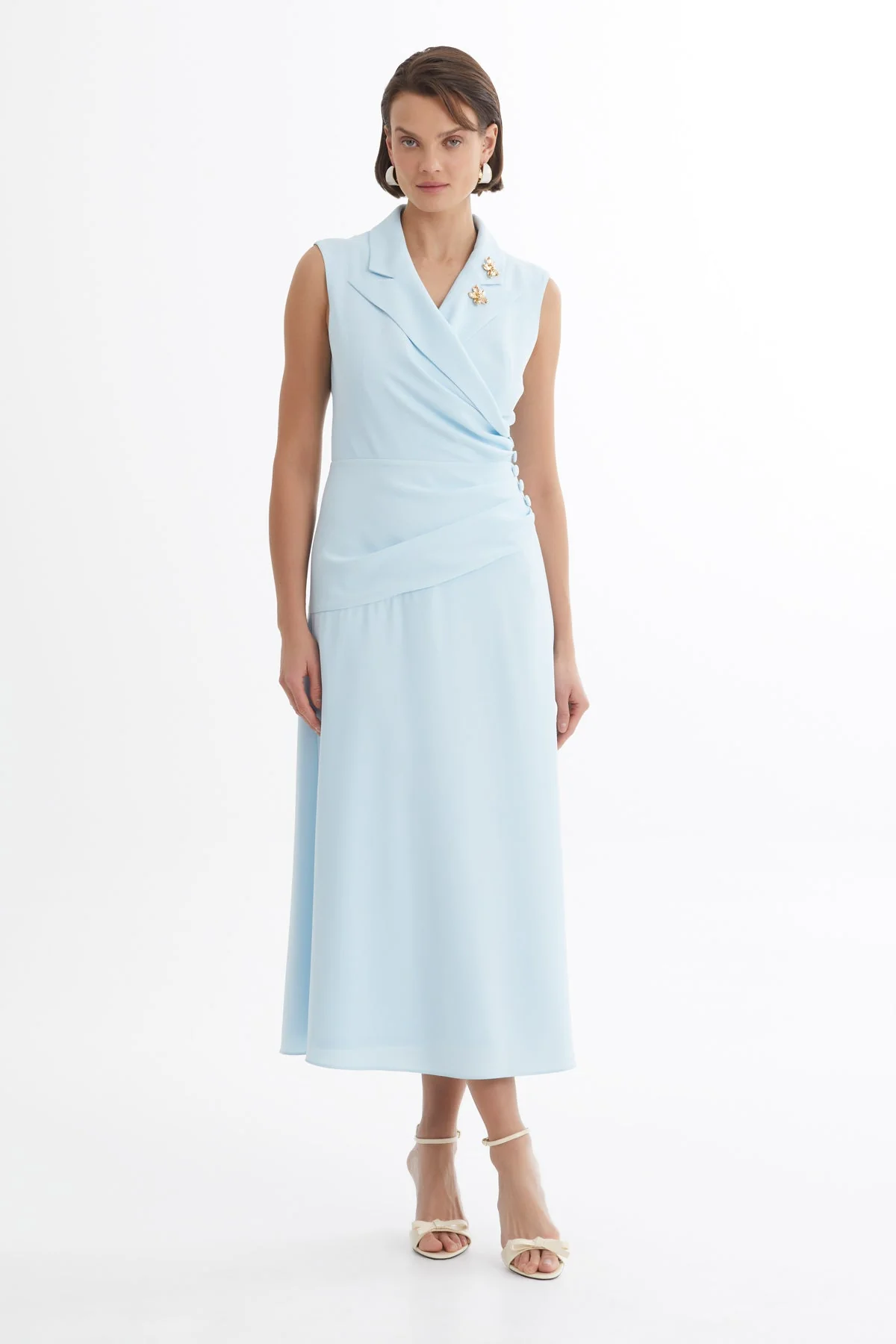 Blue Pleated Waist Brooch Detail Midi Dress