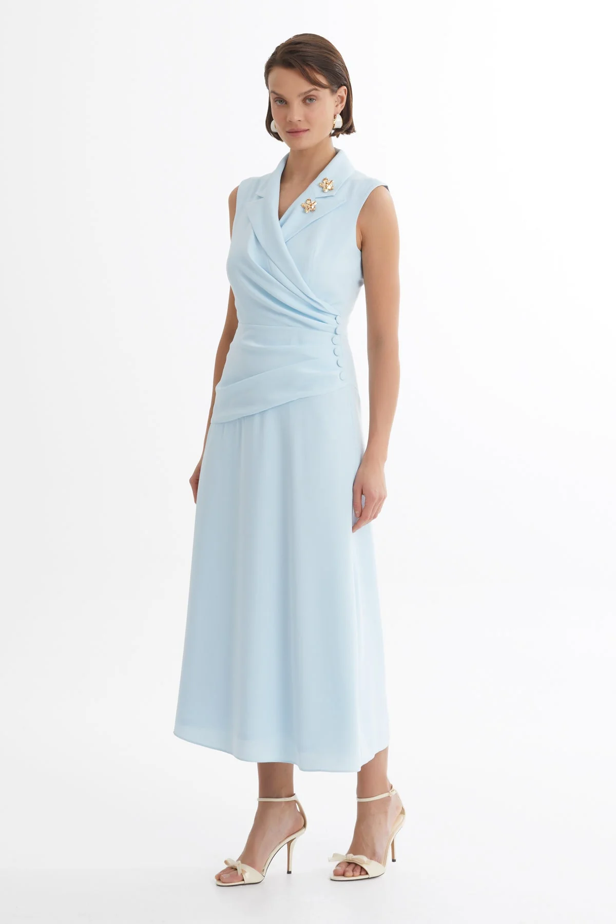 Blue Pleated Waist Brooch Detail Midi Dress - Image 3