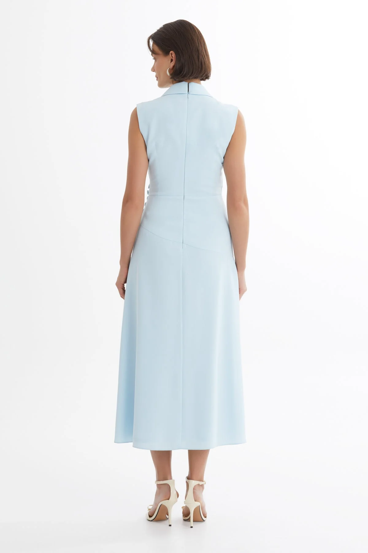 Blue Pleated Waist Brooch Detail Midi Dress - Image 4