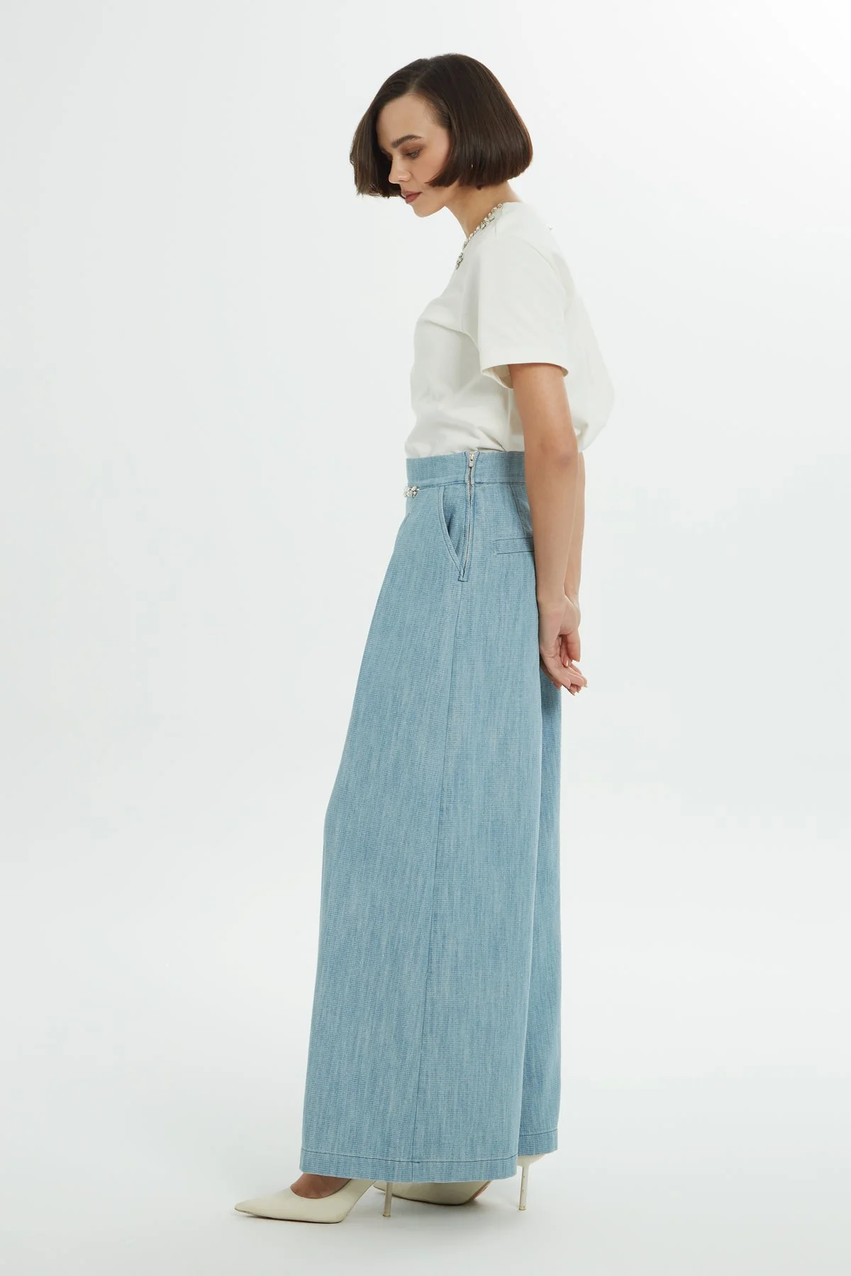 Blue Pleated Wide-Leg Woven Pants - Image 2
