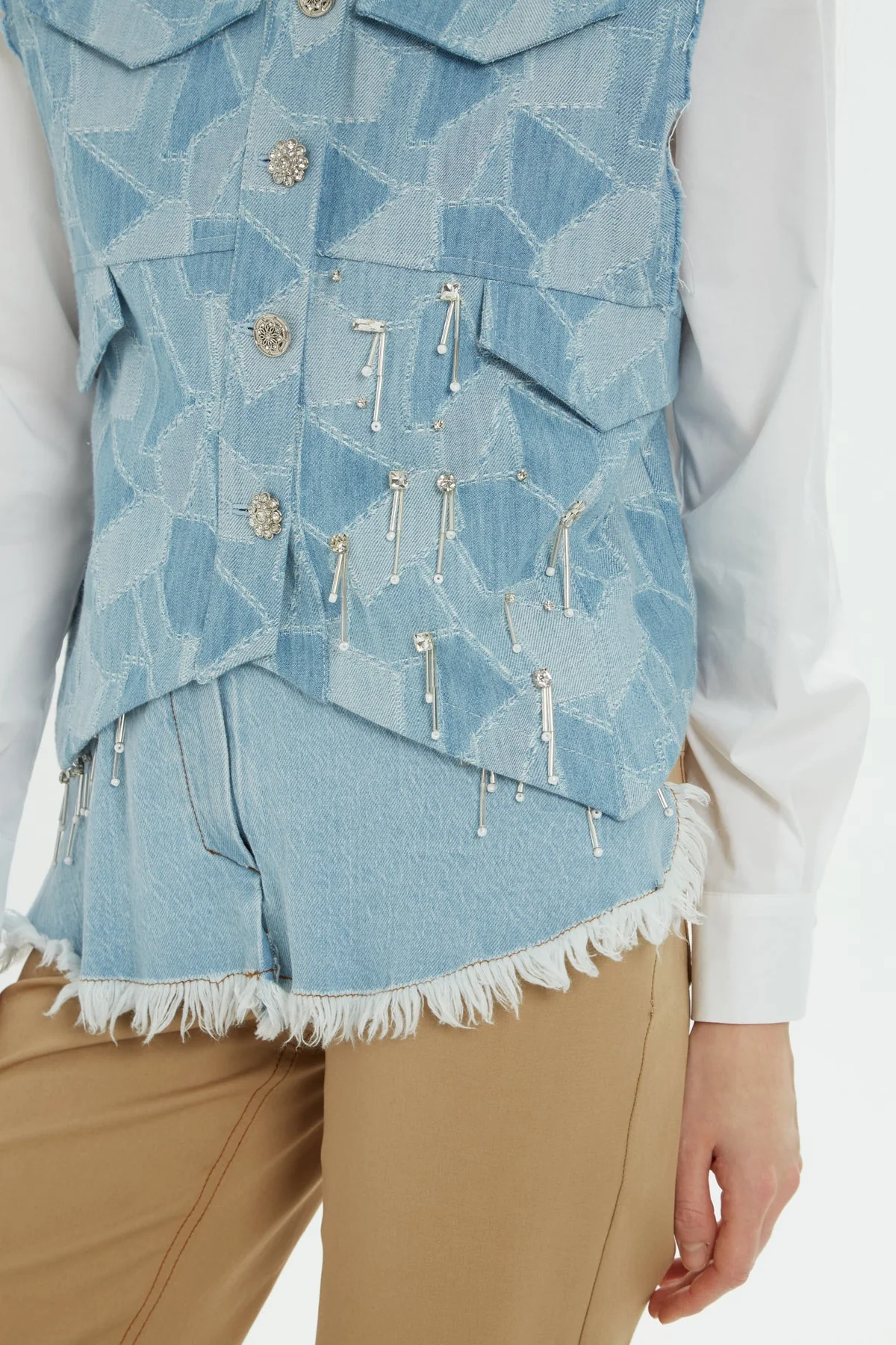 Blue Pocketed Embroidered Denim Vest - Image 4
