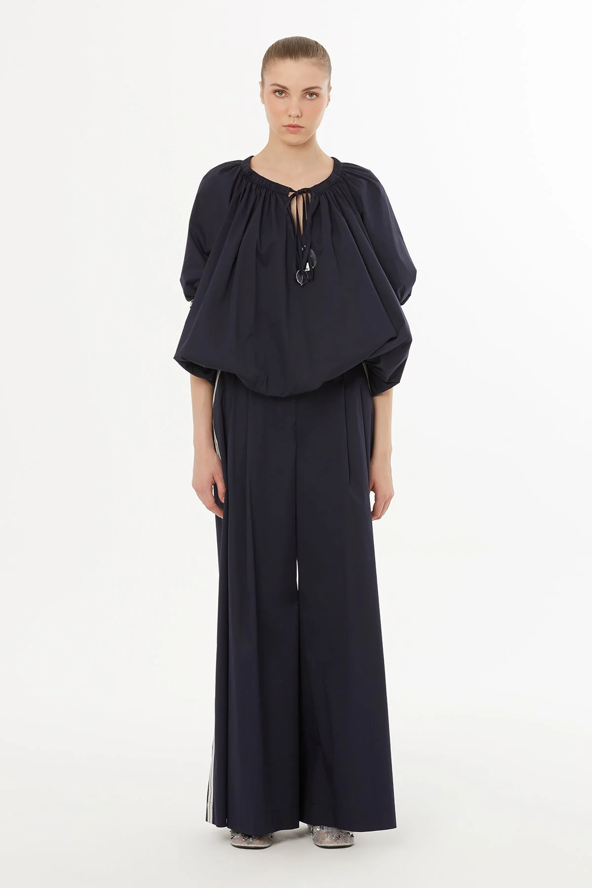Blue Round-Neck Balloon Sleeve Blouse