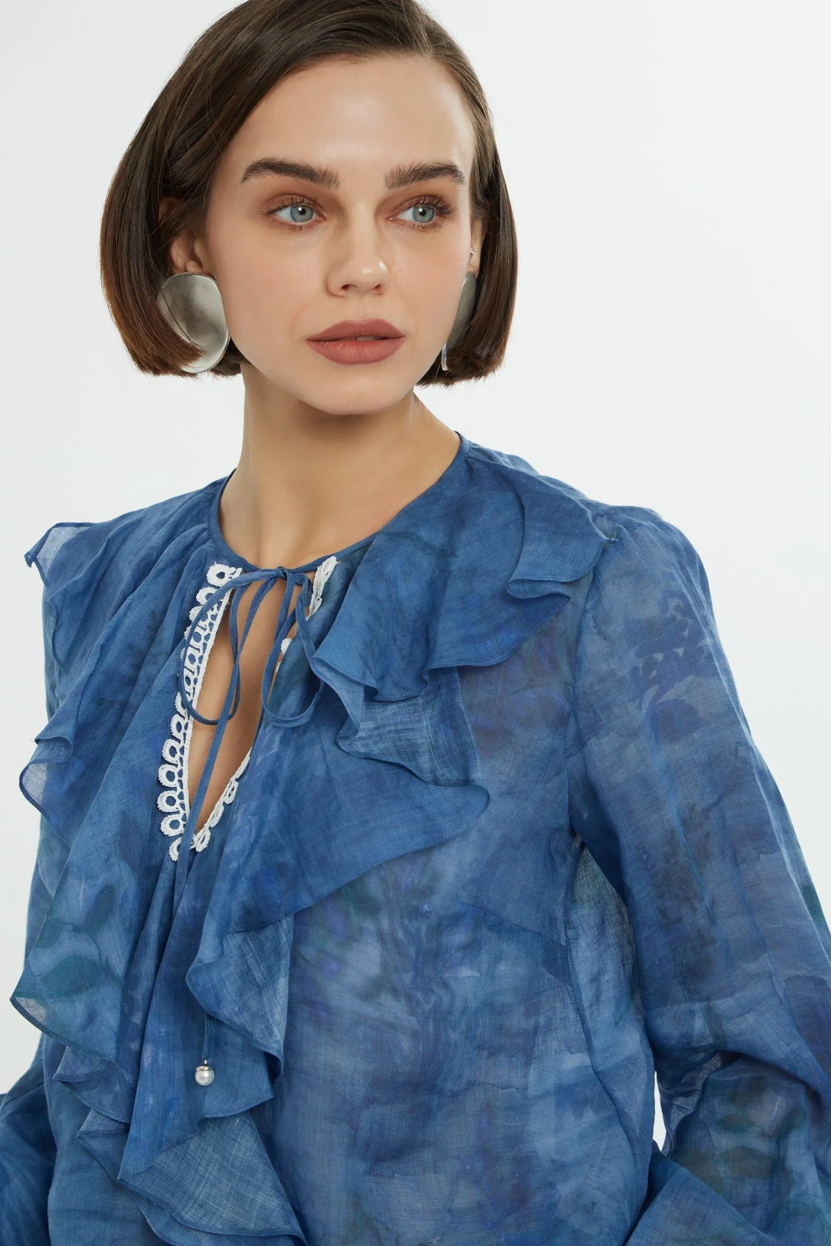 Blue Ruffle Collar Detail Blouse - Image 2