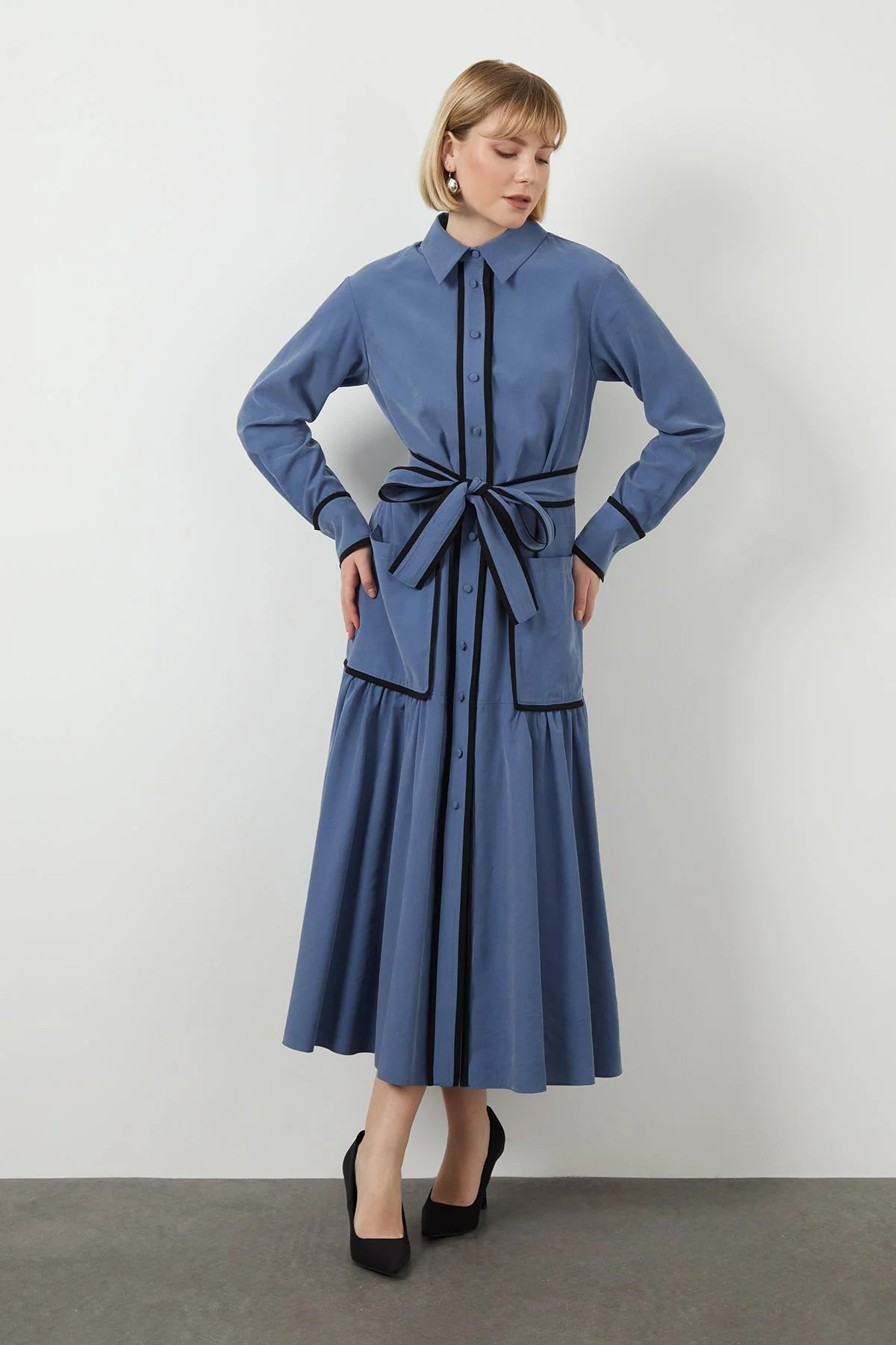 Blue Sash-Detail Pocketed Midi Dress