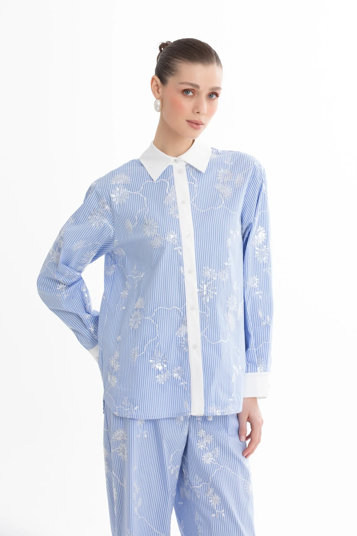 Blue Sequin Embroidered Shirt - Image 2