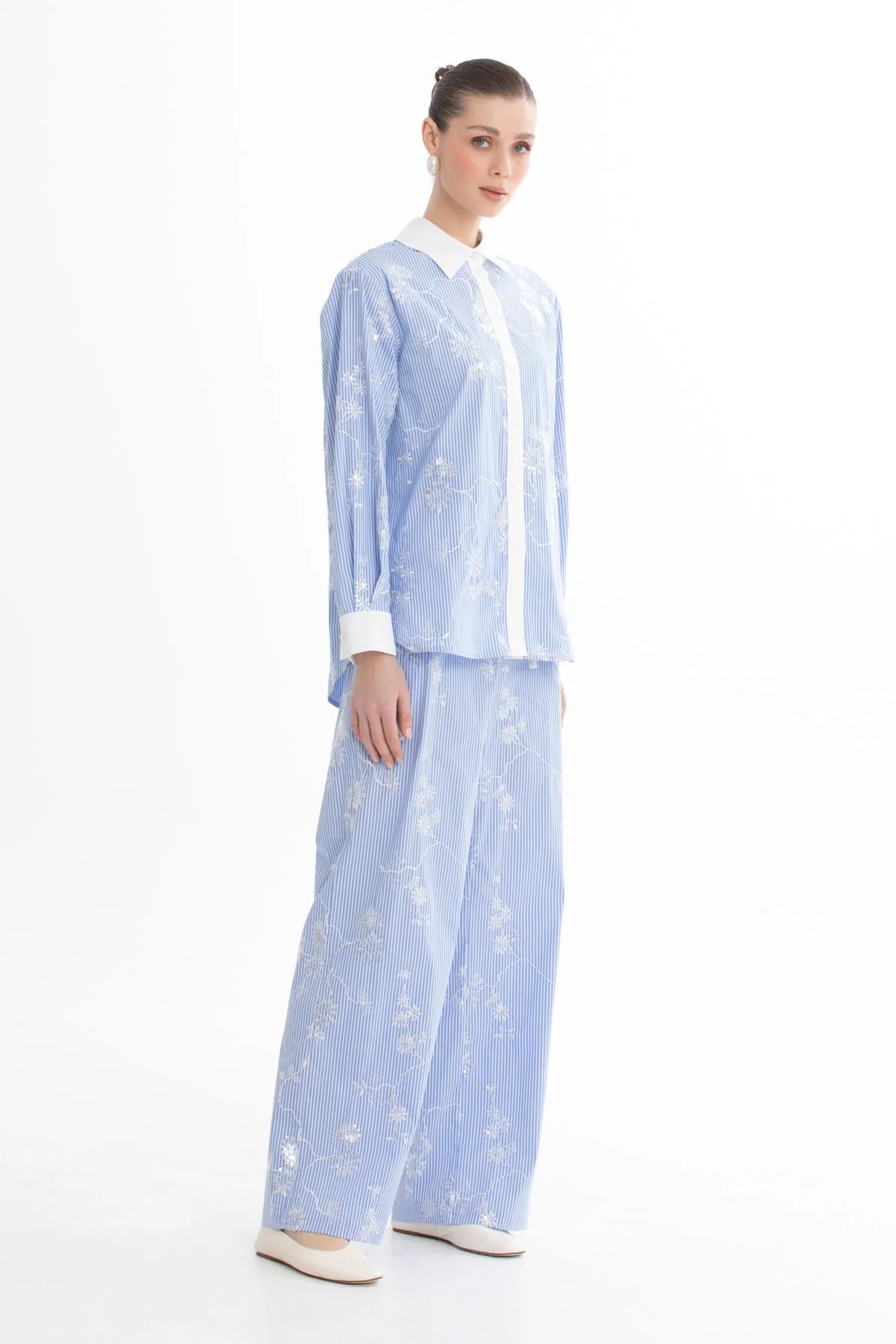 Blue Sequin Embroidered Shirt - Image 3