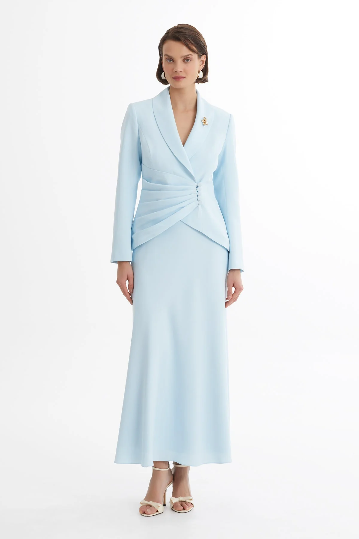 Blue Shawl-Collar Brooch Skirt Suit