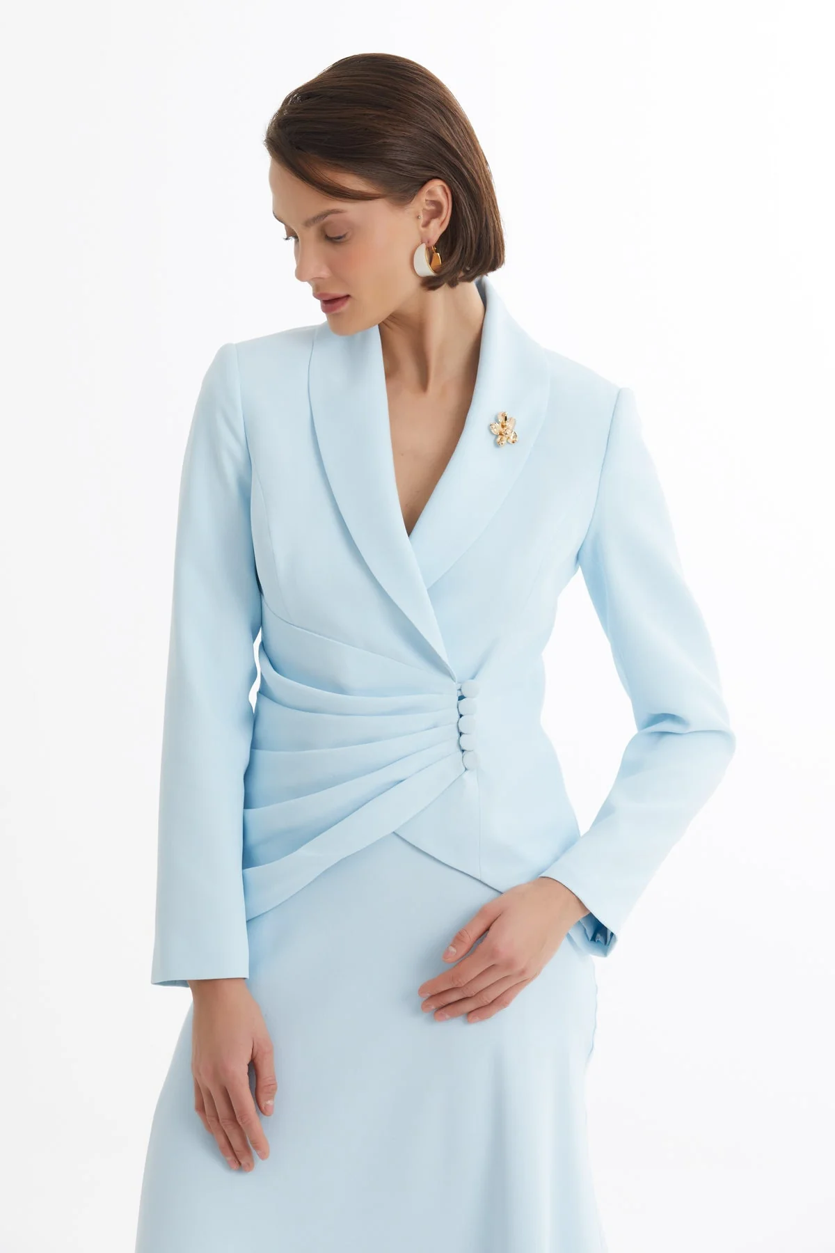 Blue Shawl-Collar Brooch Skirt Suit - Image 2