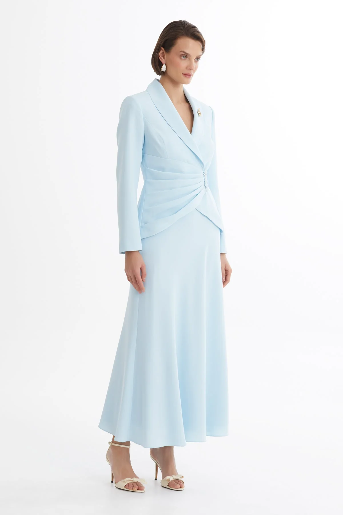 Blue Shawl-Collar Brooch Skirt Suit - Image 4