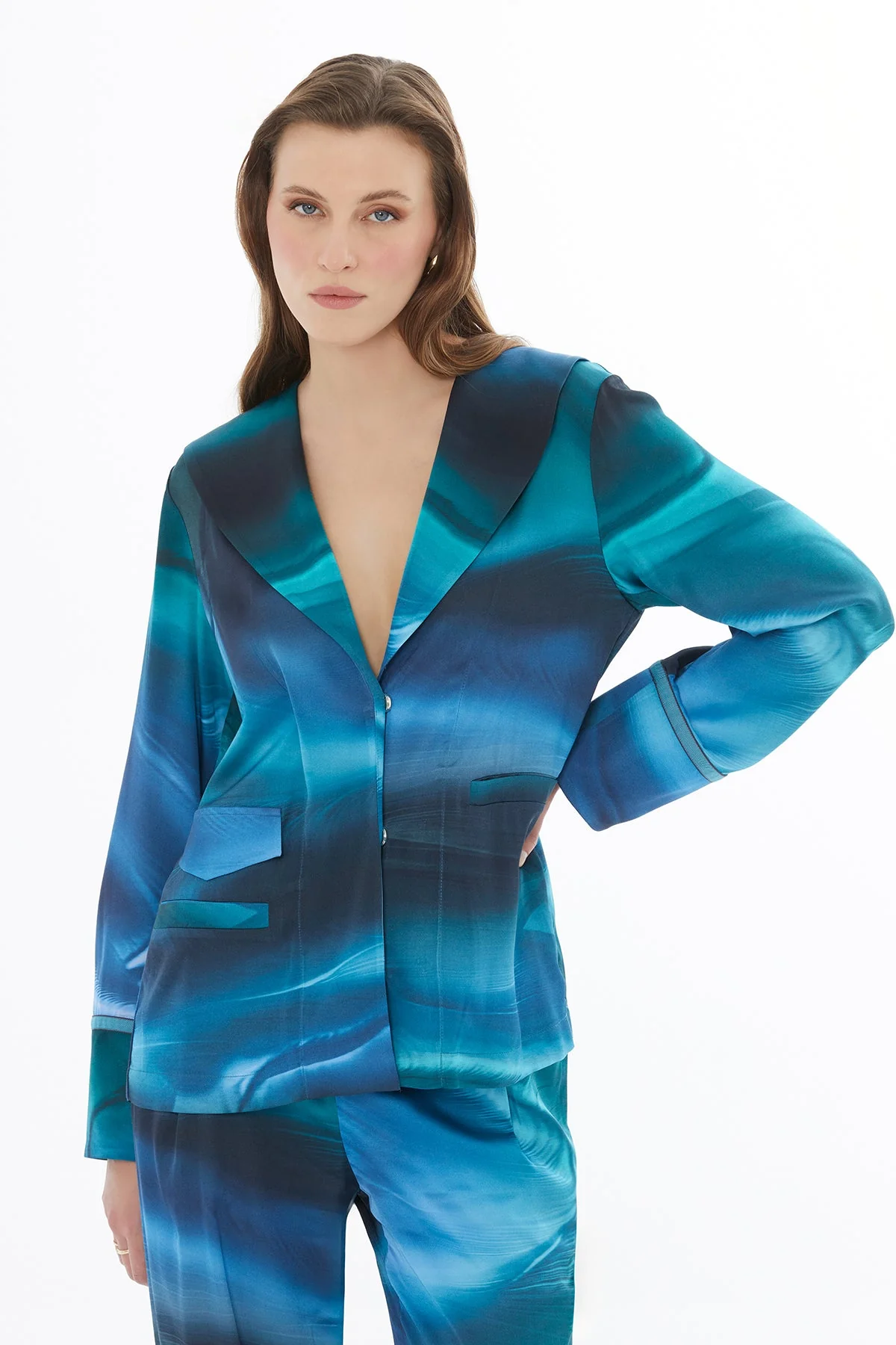 Blue Shawl-Collar Fillet-Pocket Jacket - Image 2
