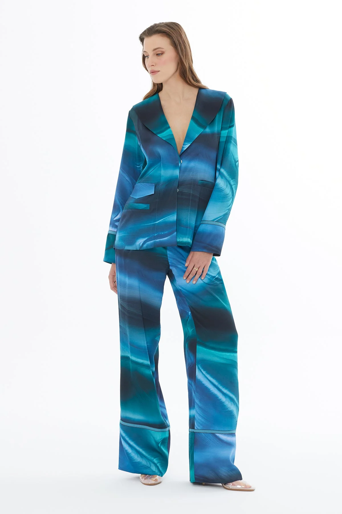 Blue Shawl-Collar Fillet-Pocket Jacket - Image 3