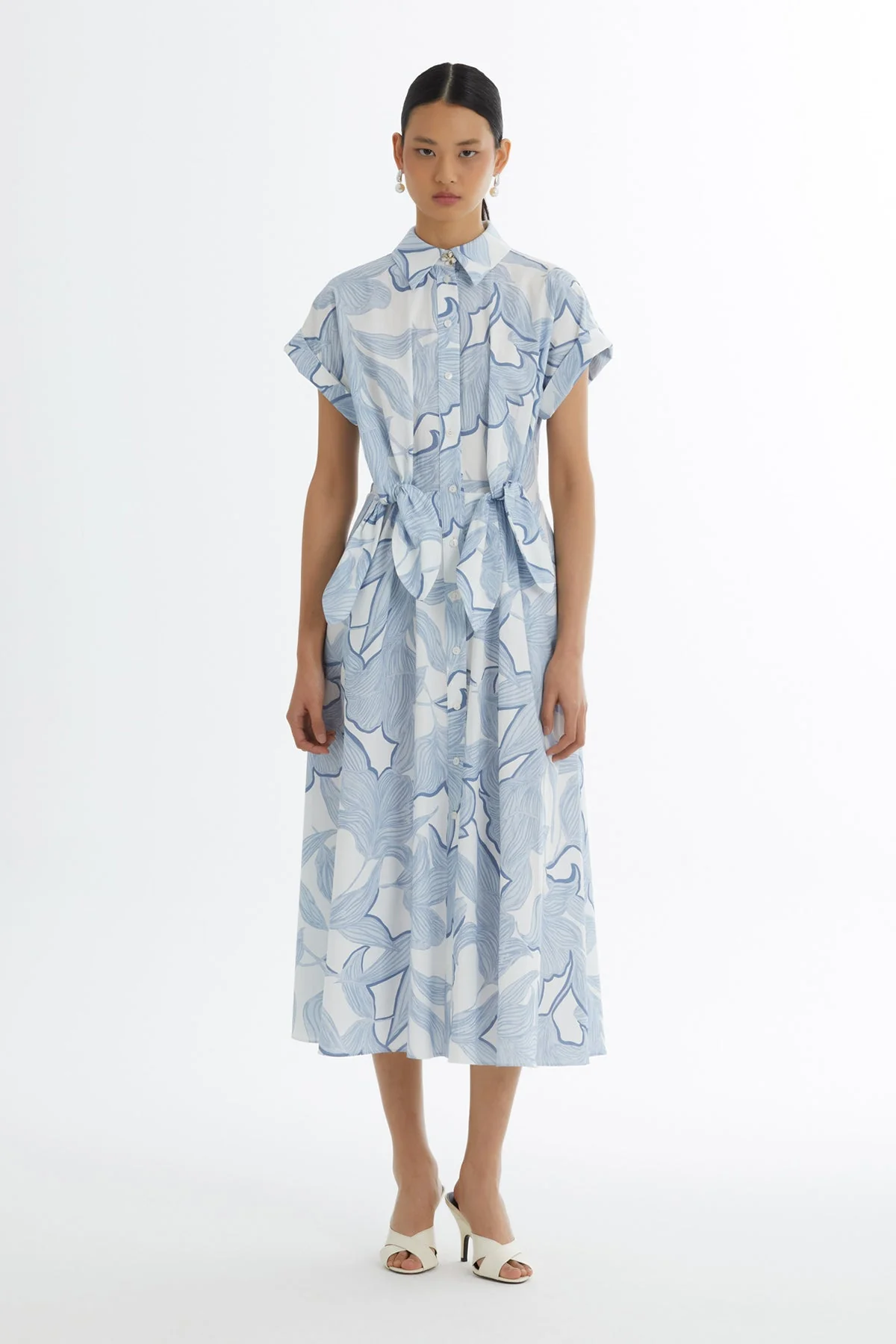 Blue Shirt Collar Patterned Dress