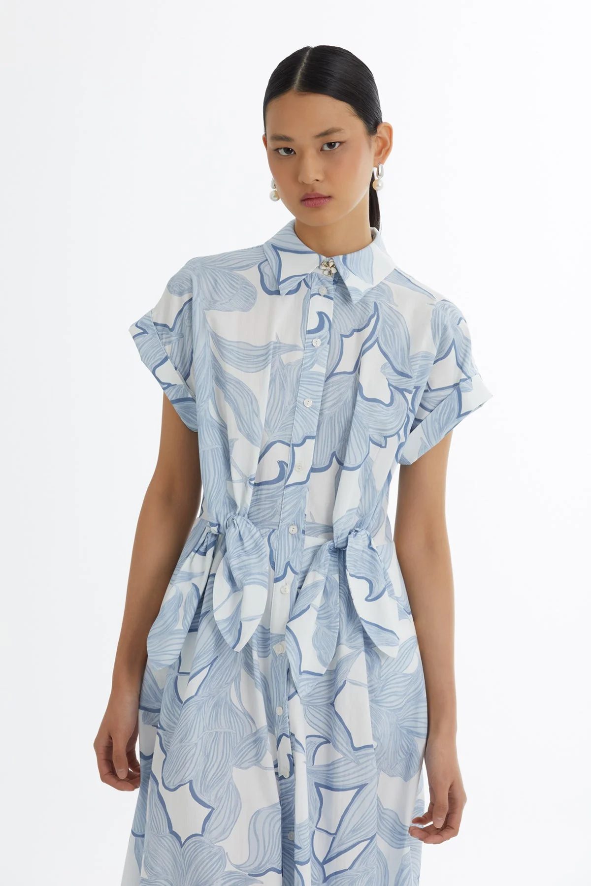 Blue Shirt Collar Patterned Dress - Image 2