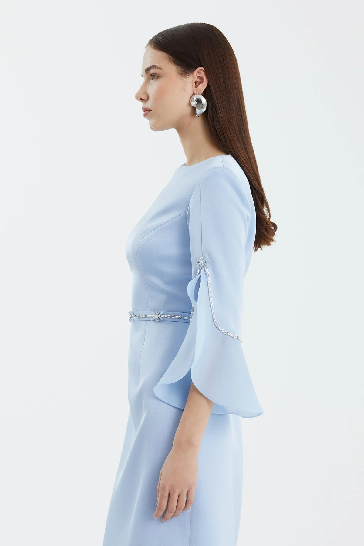 Blue Shoulder-Pad Embroidered Slit Dress - Image 2