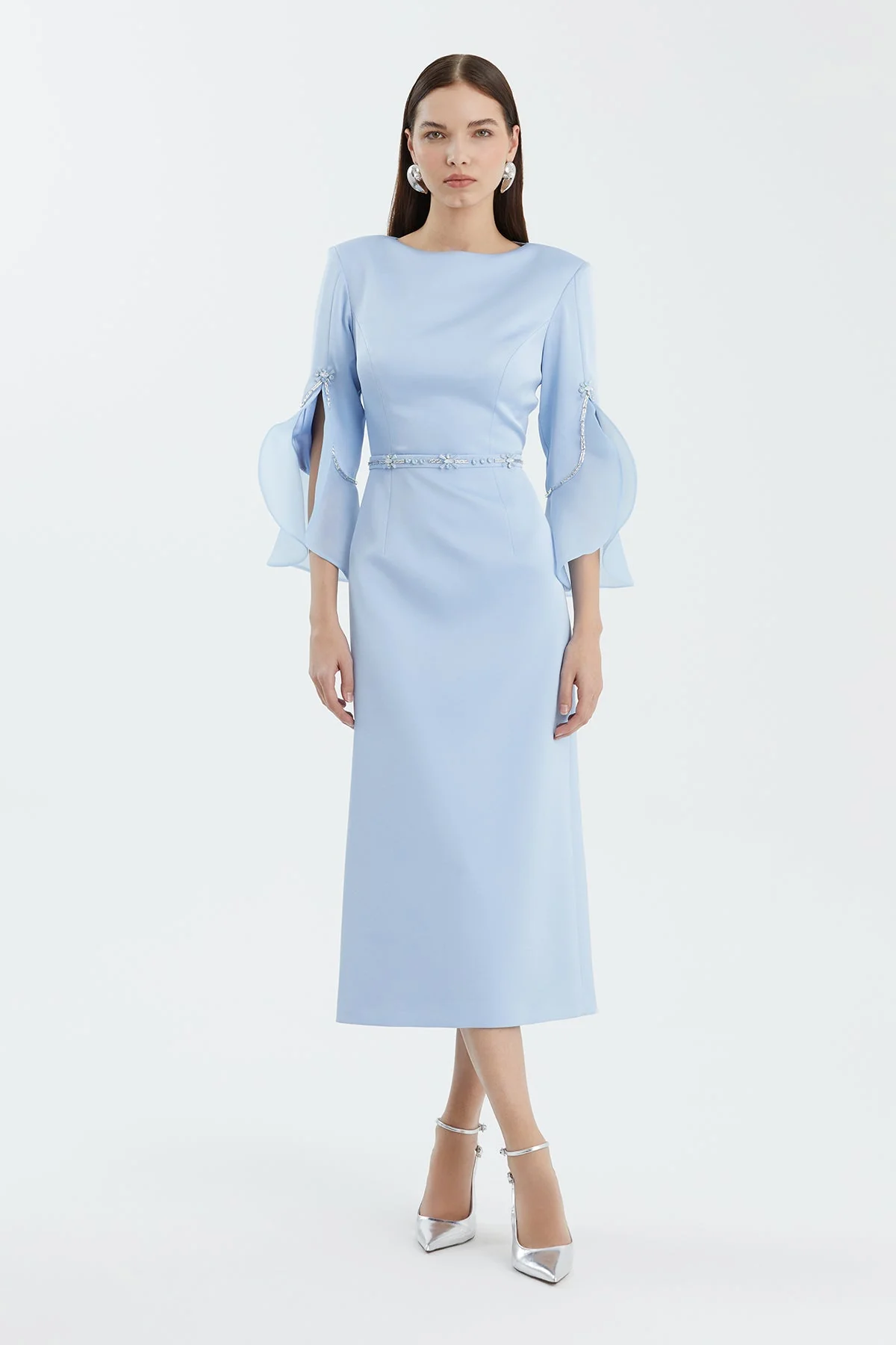 Blue Shoulder-Pad Embroidered Slit Dress - Image 3