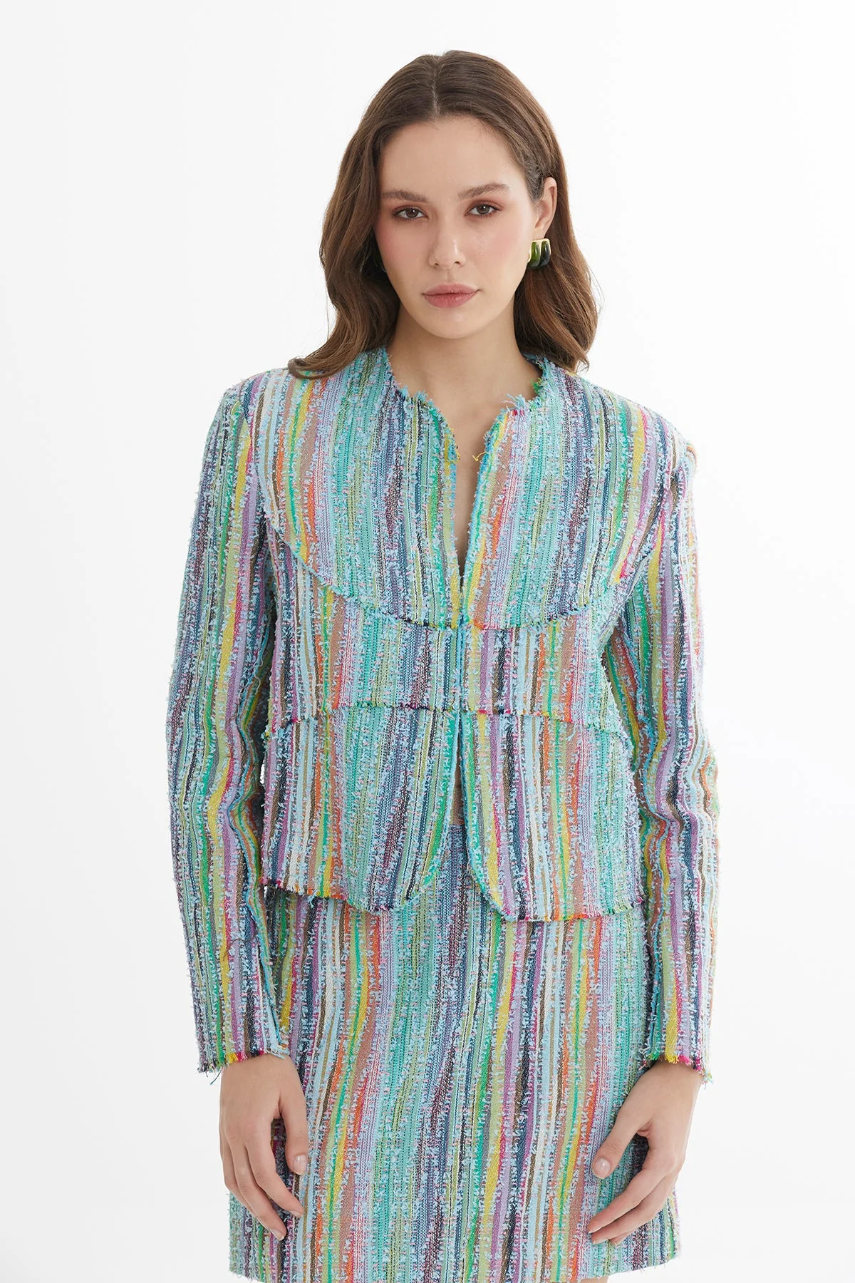 Blue Shoulder-Padded Hook-Closure Textured Blazer - Image 3